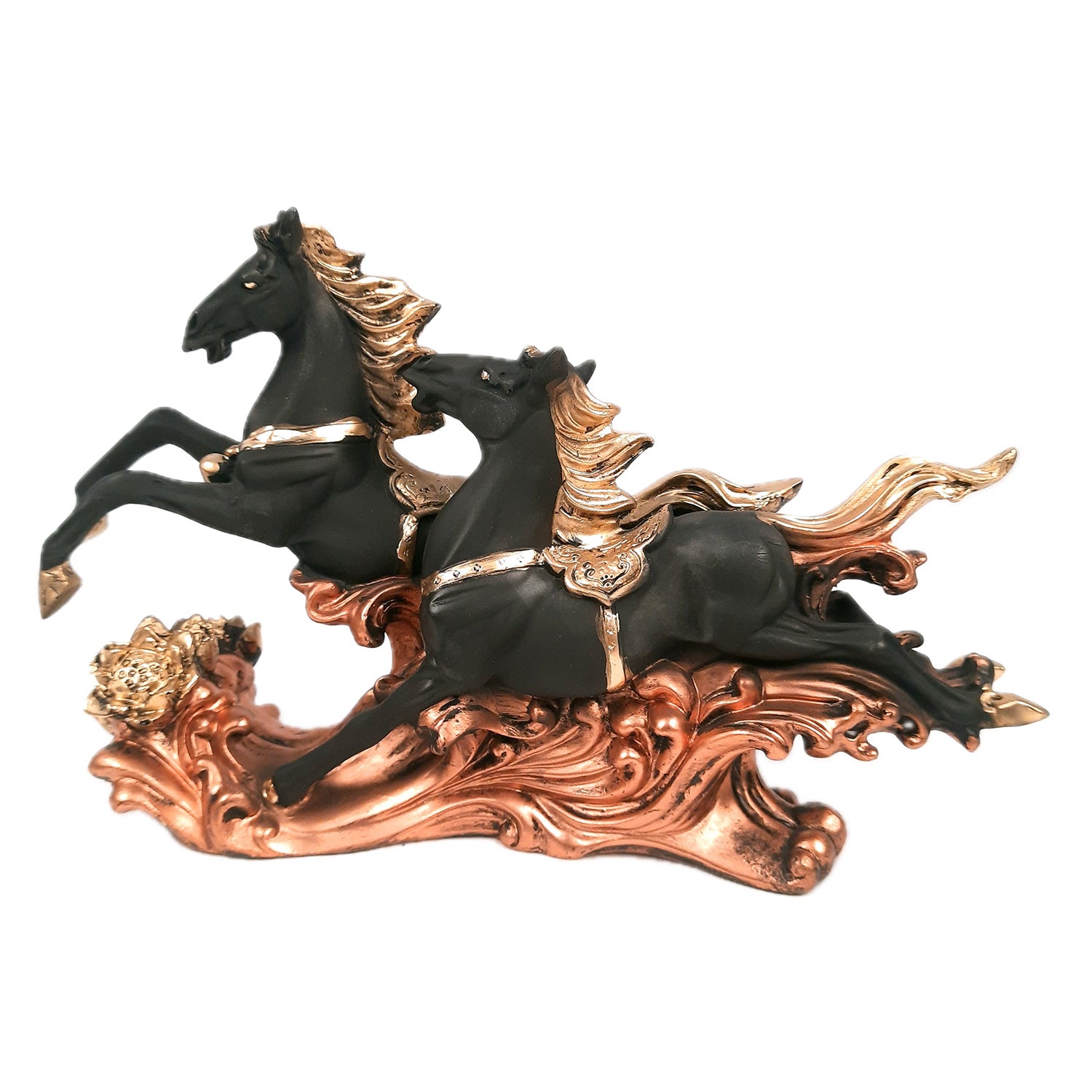 Two Running Horse Statue Figurines | Horse Showpiece Vastu, Fengshui Showpieces - for Home, Table, Shelf, Good Luck, Vastu & Office Desk Decor - 14 Inch - Apkamart #Color_Black