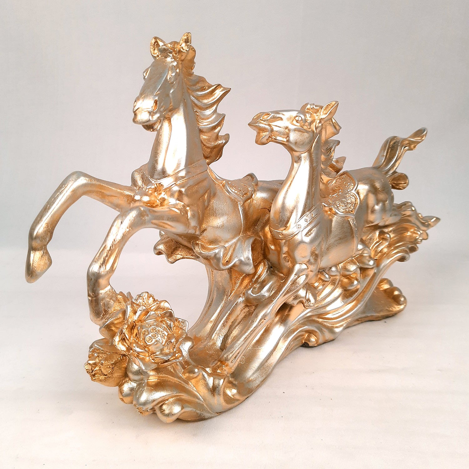 Two Running Horse Statue Figurines | Horse Showpiece Vastu, Fengshui Showpieces - for Home, Table, Shelf, Good Luck, Vastu & Office Desk Decor - 14 Inch - Apkamart #Color_Golden