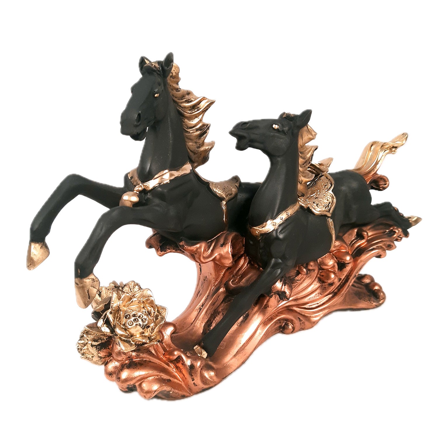 Two Running Horse Statue Figurines | Horse Showpiece Vastu, Fengshui Showpieces - for Home, Table, Shelf, Good Luck, Vastu & Office Desk Decor - 14 Inch - Apkamart #Color_Black