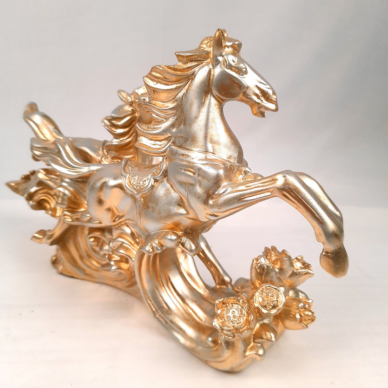 Two Running Horse Statue Figurines | Horse Showpiece Vastu, Fengshui Showpieces - for Home, Table, Shelf, Good Luck, Vastu & Office Desk Decor - 14 Inch - Apkamart #Color_Golden