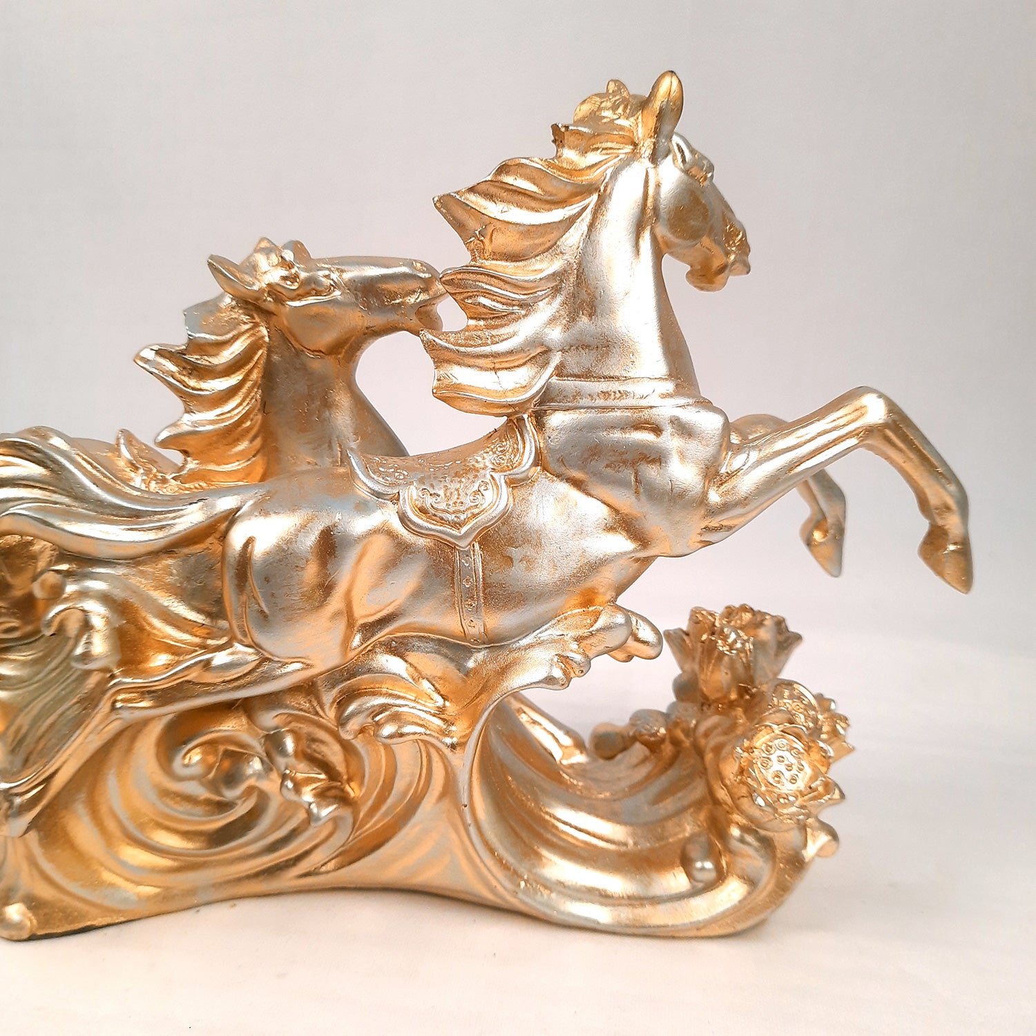 Two Running Horse Statue Figurines | Horse Showpiece Vastu, Fengshui Showpieces - for Home, Table, Shelf, Good Luck, Vastu & Office Desk Decor - 14 Inch - Apkamart #Color_Golden