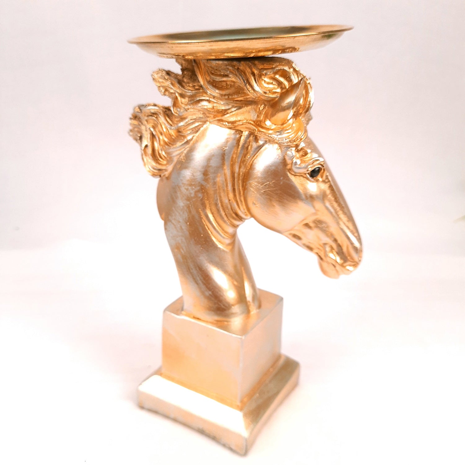 Horse Statue With Detachable Tray For Keeping Small Plant / Chocolates | Horse Face Showpiece - for Home, Table, Shelf, Good Luck, Vastu & Office Desk Decor - 10 Inch - Apkamart #Color_Golden