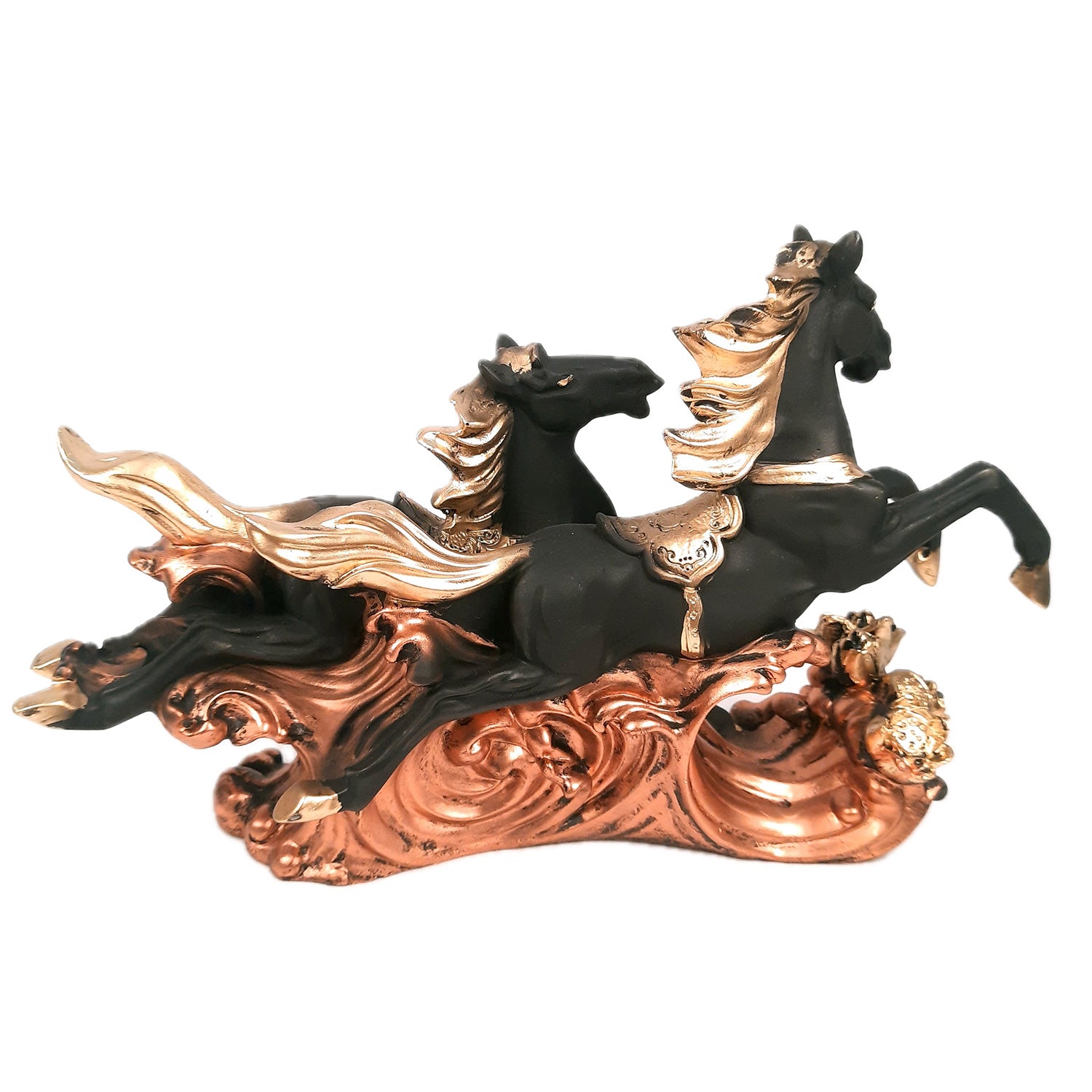 Two Running Horse Statue Figurines | Horse Showpiece Vastu, Fengshui Showpieces - for Home, Table, Shelf, Good Luck, Vastu & Office Desk Decor - 14 Inch - Apkamart #Color_Black