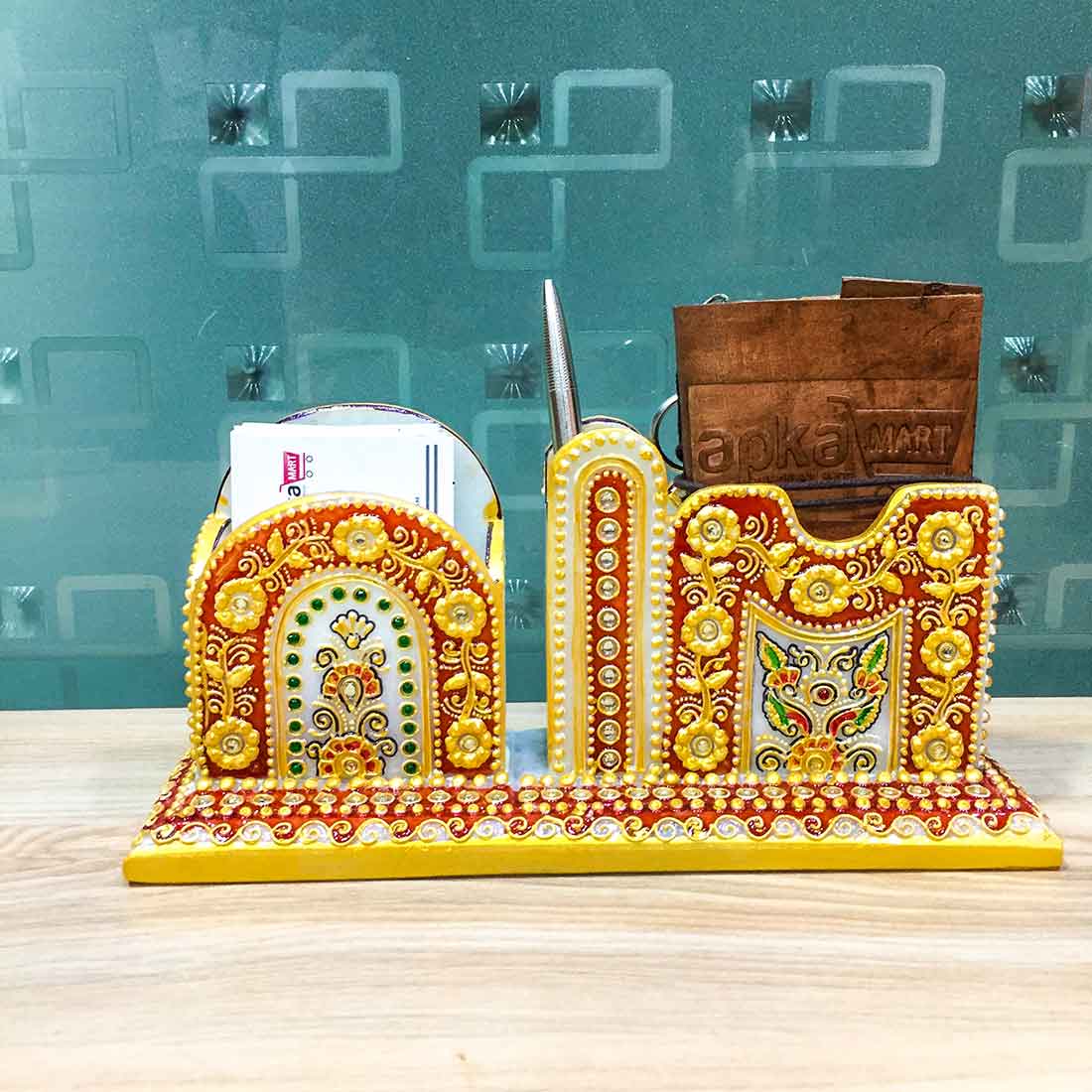 Pen Holder With Cards & Mobile Holders  | Marble Stationary Organizers Stands | Multipurpose Holders Stand - For Table, Desk Organizing, Home, Office Decor & Corporate Gifts - 9 Inch - Apkamart