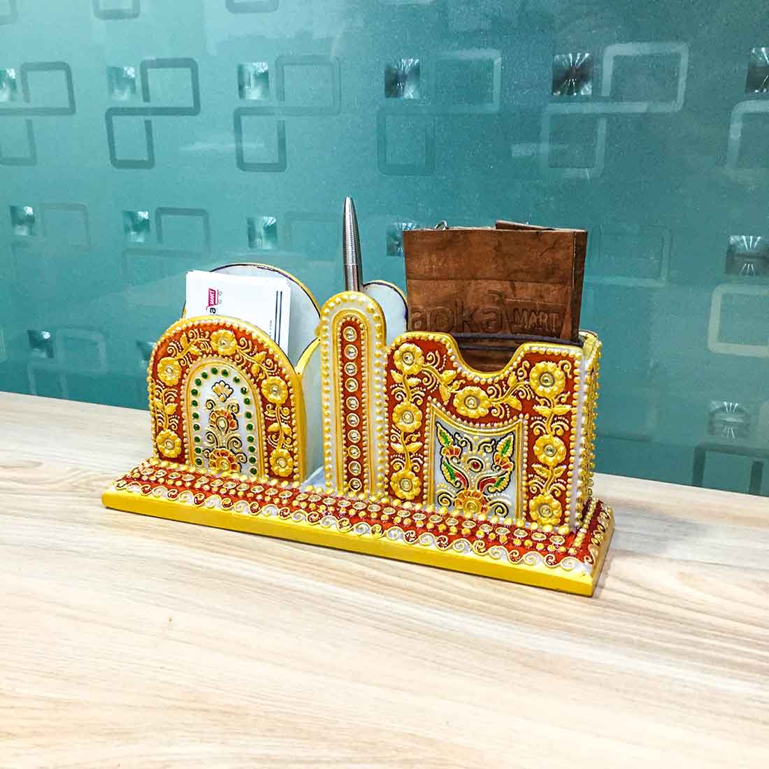 Pen Holder With Cards & Mobile Holders  | Marble Stationary Organizers Stands | Multipurpose Holders Stand - For Table, Desk Organizing, Home, Office Decor & Corporate Gifts - 9 Inch - Apkamart
