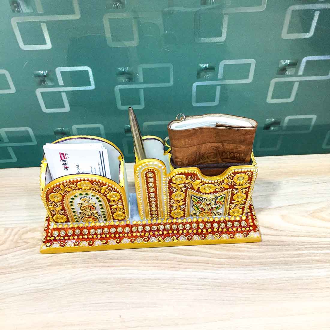 Pen Holder With Cards & Mobile Holders  | Marble Stationary Organizers Stands | Multipurpose Holders Stand - For Table, Desk Organizing, Home, Office Decor & Corporate Gifts - 9 Inch - Apkamart