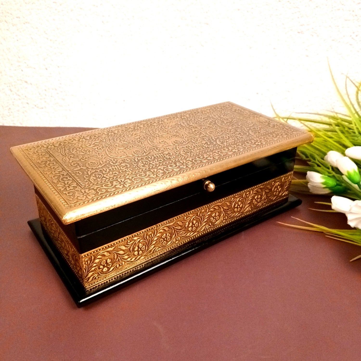 Wooden Jewelry Box for Bride | Bridal Gift Organizer for Women | Luxury Wedding Jewelry Storage Box | Compact Wood & Brass Jewellery Case for Travel & Occasions - 12 Inch - Apkamart