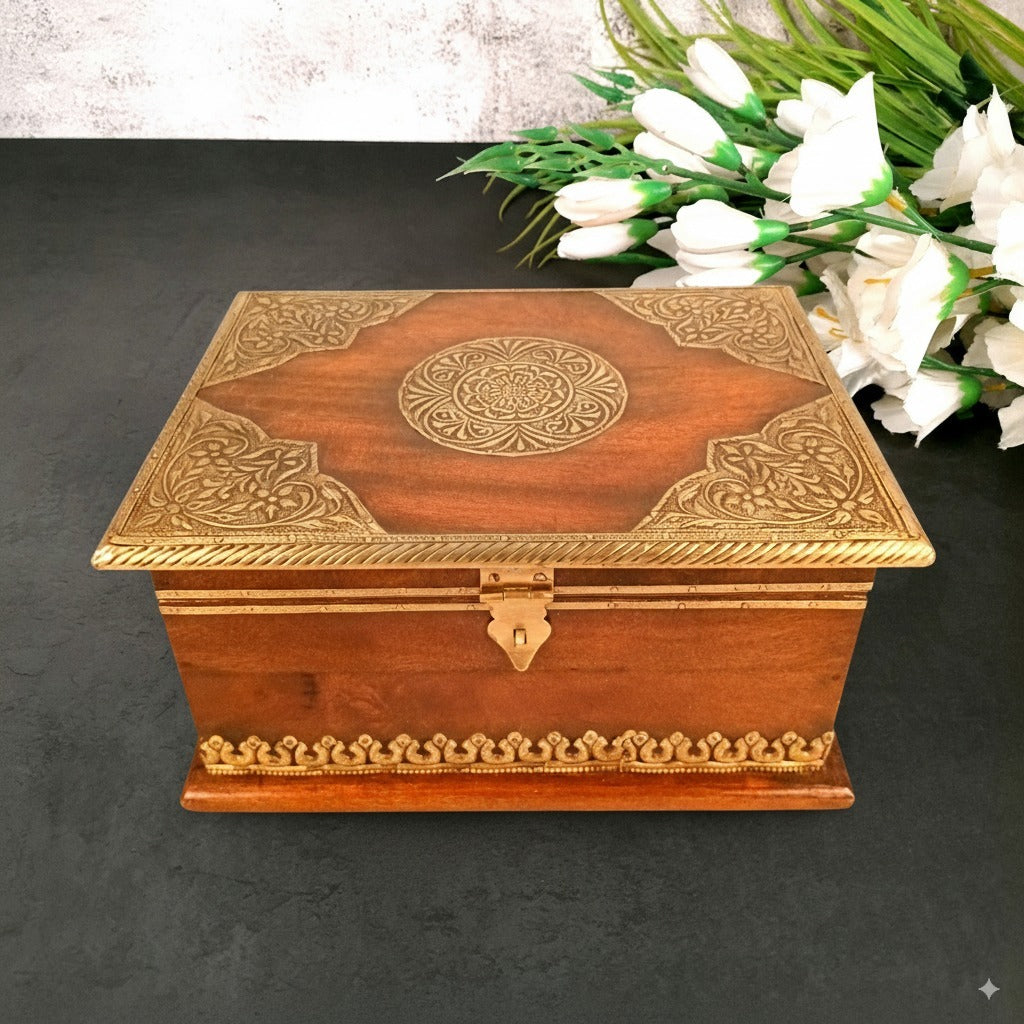 Wooden Big Trunk Storage Box | Handcrafted Utility Organizer for Jewellery, Keepsakes, Accessories & Home Decor | Durable Multipurpose Storage Box & Utility Chest - 12 Inch - Apkamart