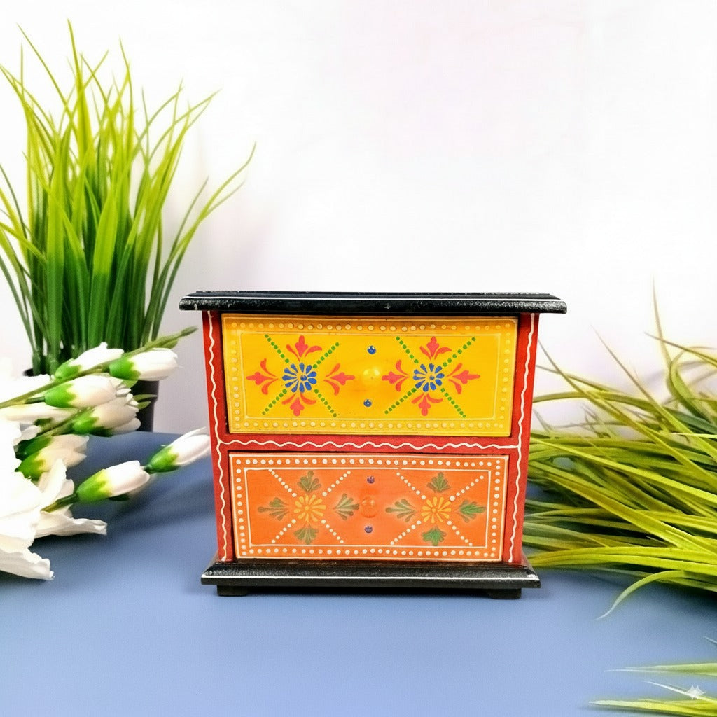 Wooden Jewellery Box with 2 Drawers | Handcrafted Organizer for Rings, Earrings, Bangles, Watches | Vanity Storage Box for Dressing Table, Home Decor & Gifts - 8 Inch - Apkamart #Style_Design 1