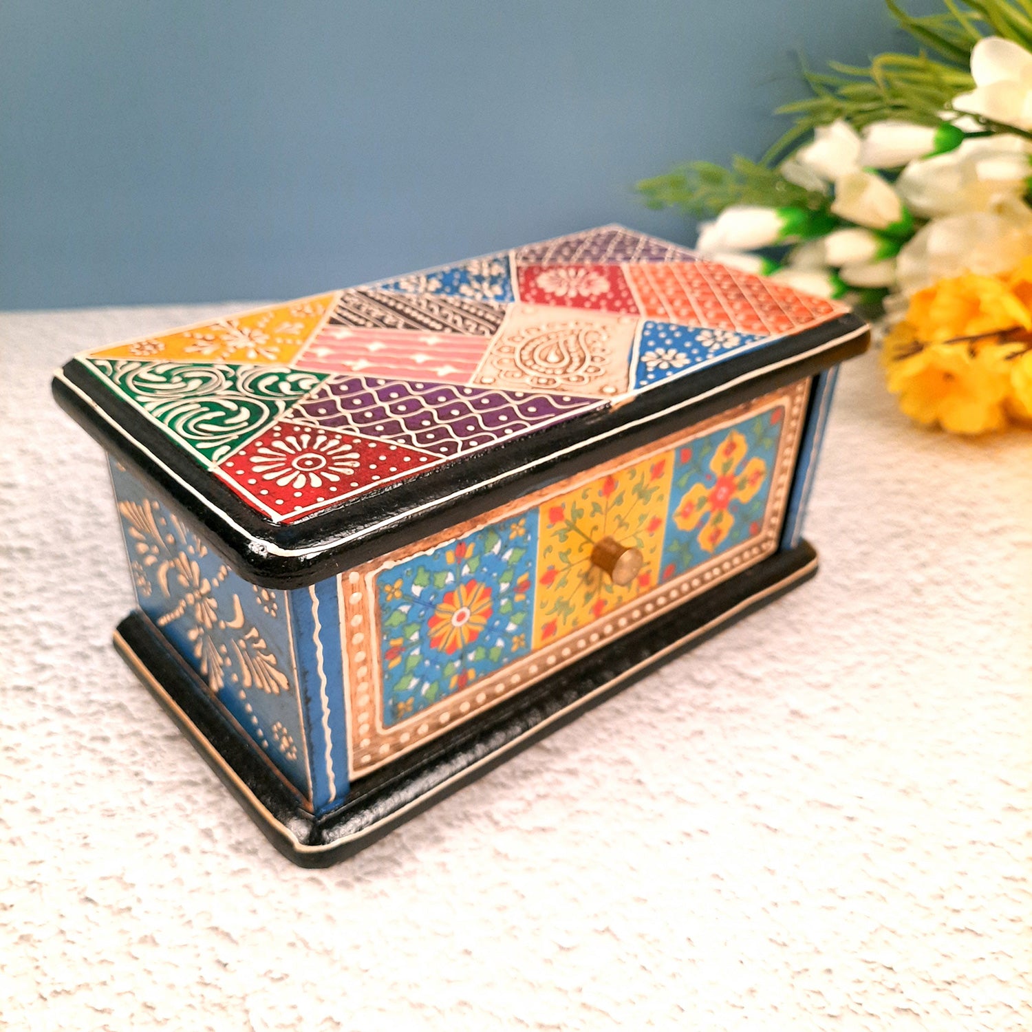 Jewellery Box | Wooden Jewelry Box With Ceramic Tiles | Multi-Purpose Storage Box | Organizer for Rings, Necklace, Earrings, Makeup, Dressing Table Decor & Gifts - apkamart