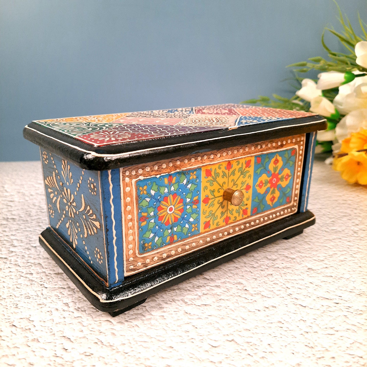 Jewellery Box | Wooden Jewelry Box With Ceramic Tiles | Multi-Purpose Storage Box | Organizer for Rings, Necklace, Earrings, Makeup, Dressing Table Decor & Gifts - apkamart