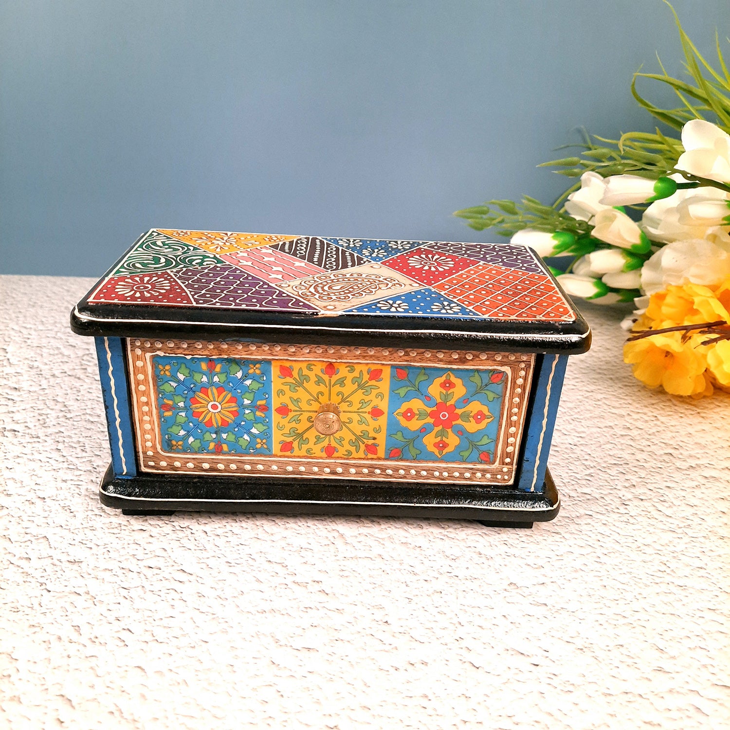 Jewellery Box | Wooden Jewelry Box With Ceramic Tiles | Multi-Purpose Storage Box | Organizer for Rings, Necklace, Earrings, Makeup, Dressing Table Decor & Gifts - apkamart