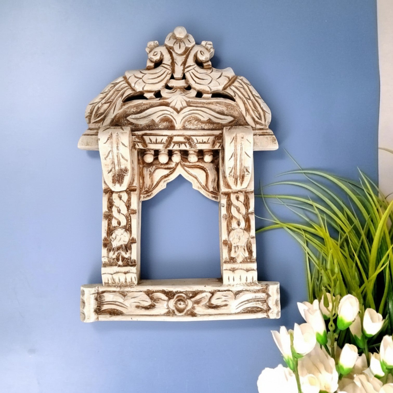 Wooden Jharokha Peacock Design | Decorative Wall Hanging Window Frame | Traditional Handcrafted Jharokha for Home Decor, Mirror, Photo Frame & Gifting - 18 Inch - Apkamart