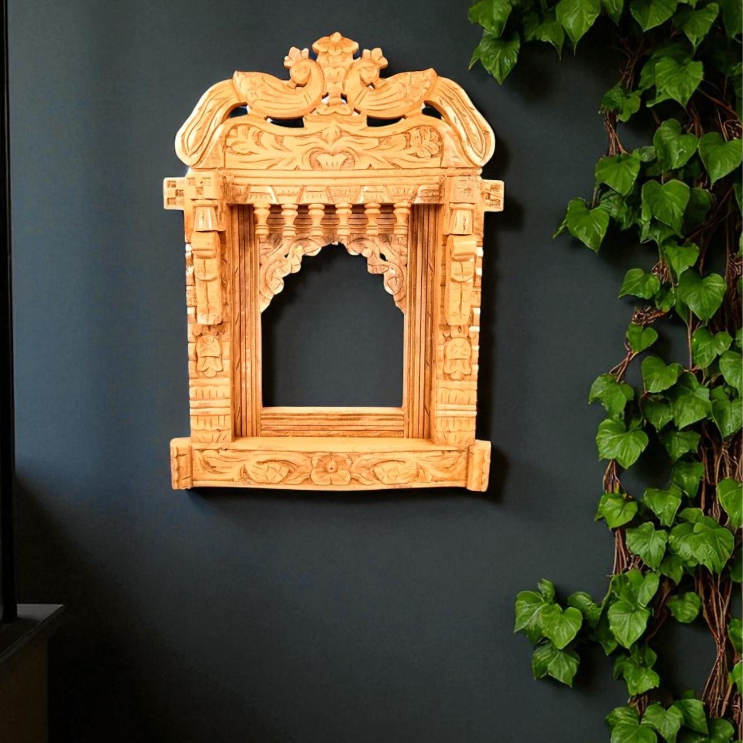 Peacock Jharokha Wooden Frame | Traditional Wall Hanging for Mirror & Photos | Decorative Home Decor for Living Room, Bedroom & Office - 27 Inch - Apkamart