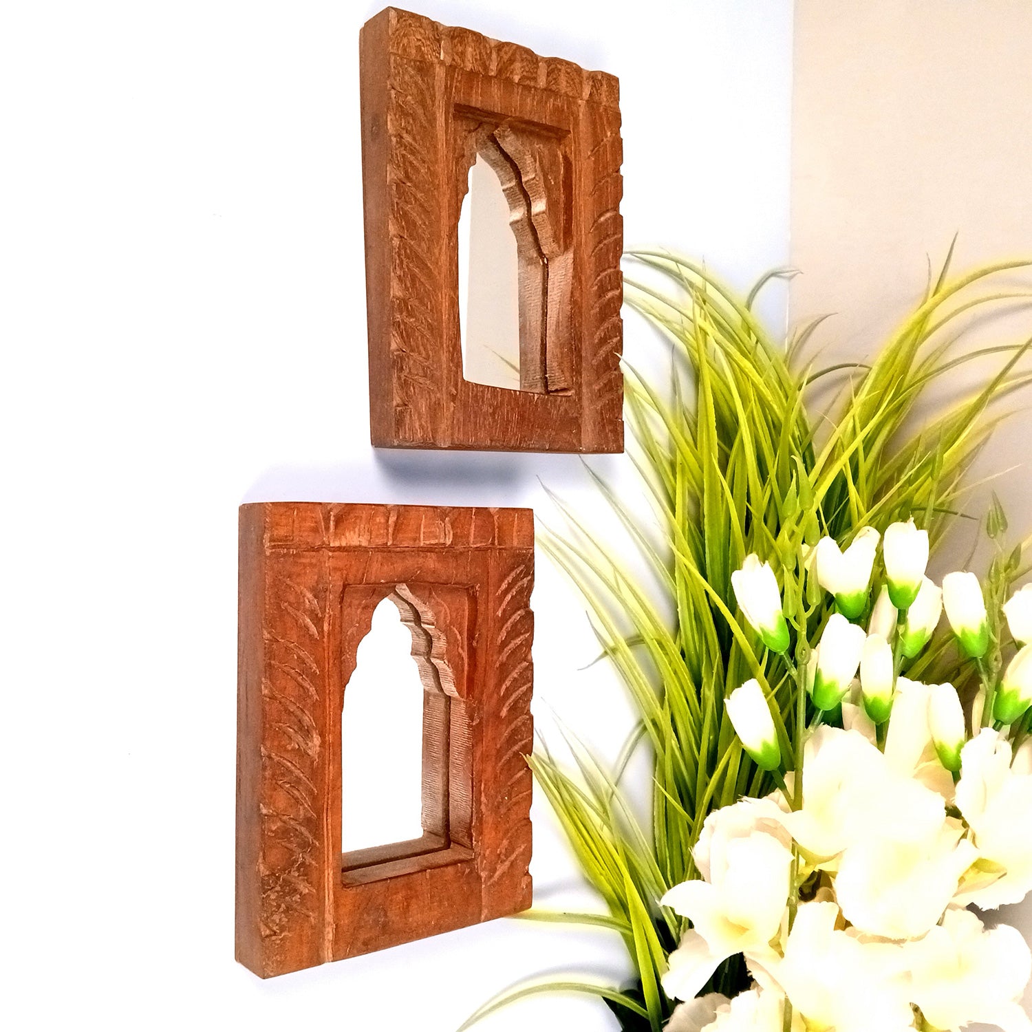 Wooden Mirror Frame | Traditional Indian Jharokha | Rustic Wall Mirror With Antique Finish - For Wall Decor, Entrance, Living Room, Home & Office Decor, & Gifts - 7 Inch - Apkamart #Style_Pack Of 2