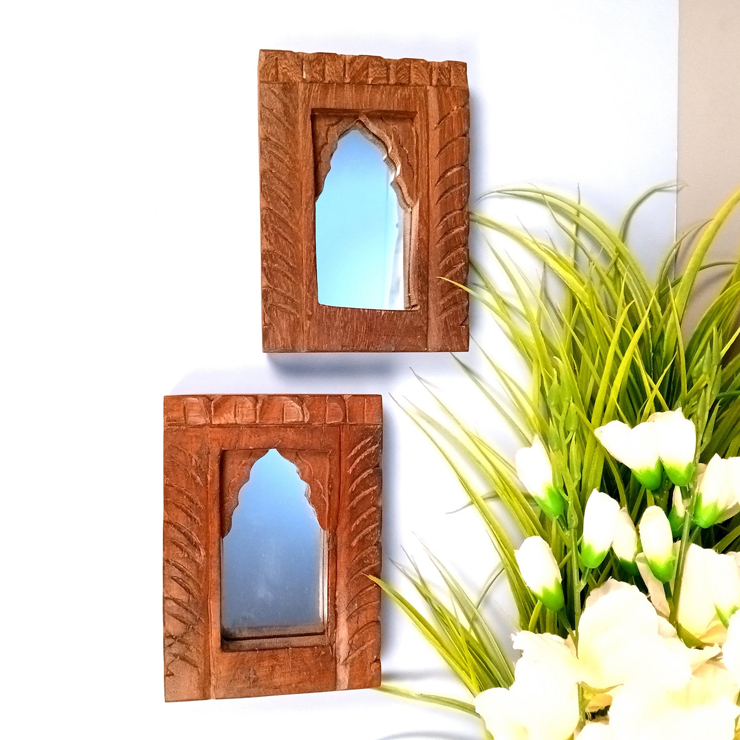 Wooden Mirror Frame | Traditional Indian Jharokha | Rustic Wall Mirror With Antique Finish - For Wall Decor, Entrance, Living Room, Home & Office Decor, & Gifts - 7 Inch - Apkamart #Style_Pack Of 2