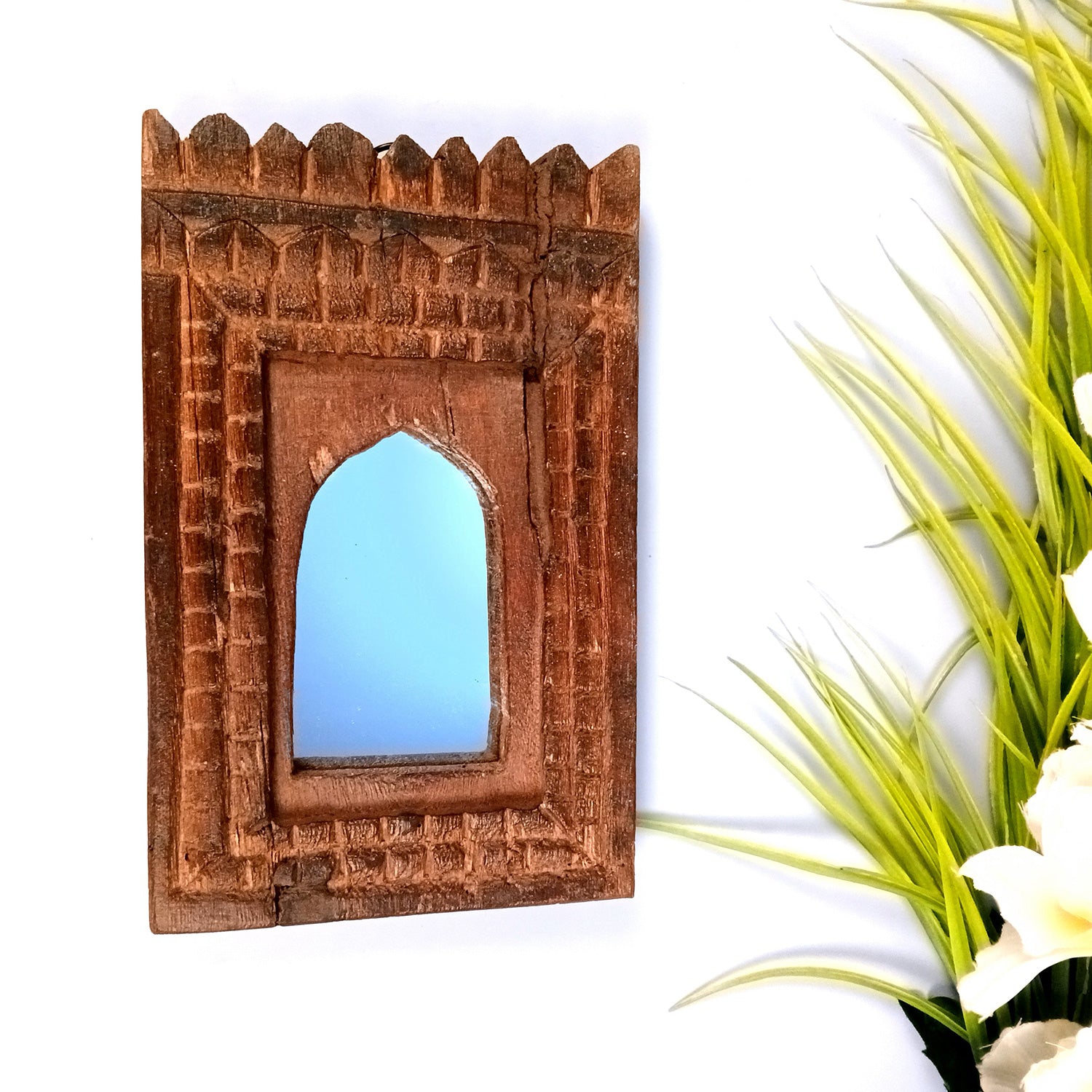 Wooden Jharokha With Mirror Wall Hanging | Antique Finished Handcrafted Replaceable Mirror Frame - Home, Wall Decor, Living room, Entrance Decor & Gifts - 9 Inch - Apkamart