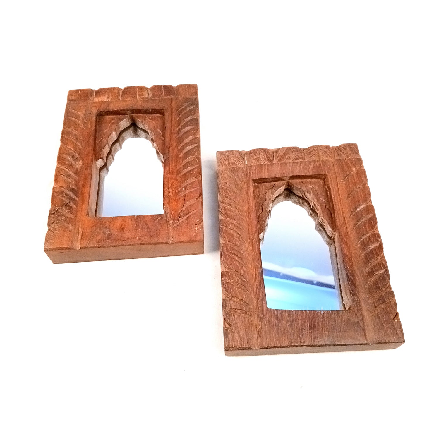 Wooden Mirror Frame | Traditional Indian Jharokha | Rustic Wall Mirror With Antique Finish - For Wall Decor, Entrance, Living Room, Home & Office Decor, & Gifts - 7 Inch - Apkamart #Style_Pack Of 2