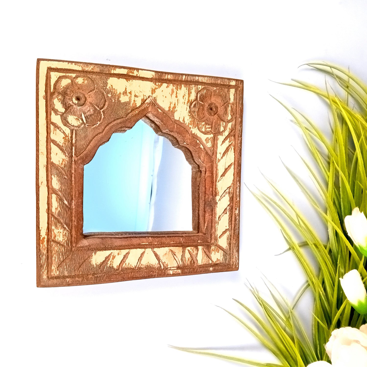 Wooden Jharokha Frame With Replaceable Mirror | Antique Finish Rustic Jharokha Carved in Solid Wood - For Wall Decor, Entrance, Living Room, Home Decor & Gifts - 7 Inch - Apkamart #Style_Design 4