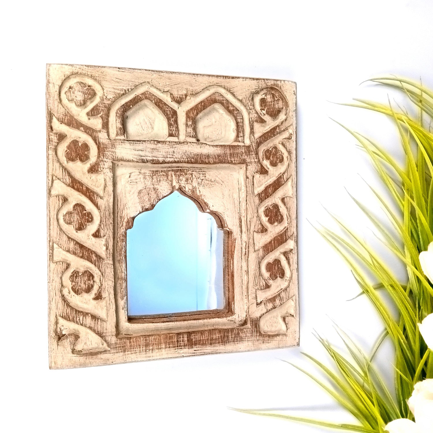 Wooden Mirror Frame | Traditional Indian Jharokha | Rustic Wall Mirror With Antique Finish - For Wall Decor, Entrance, Living Room, Home & Office Decor, & Gifts - 9 Inch - Apkamart #Style_Design 3