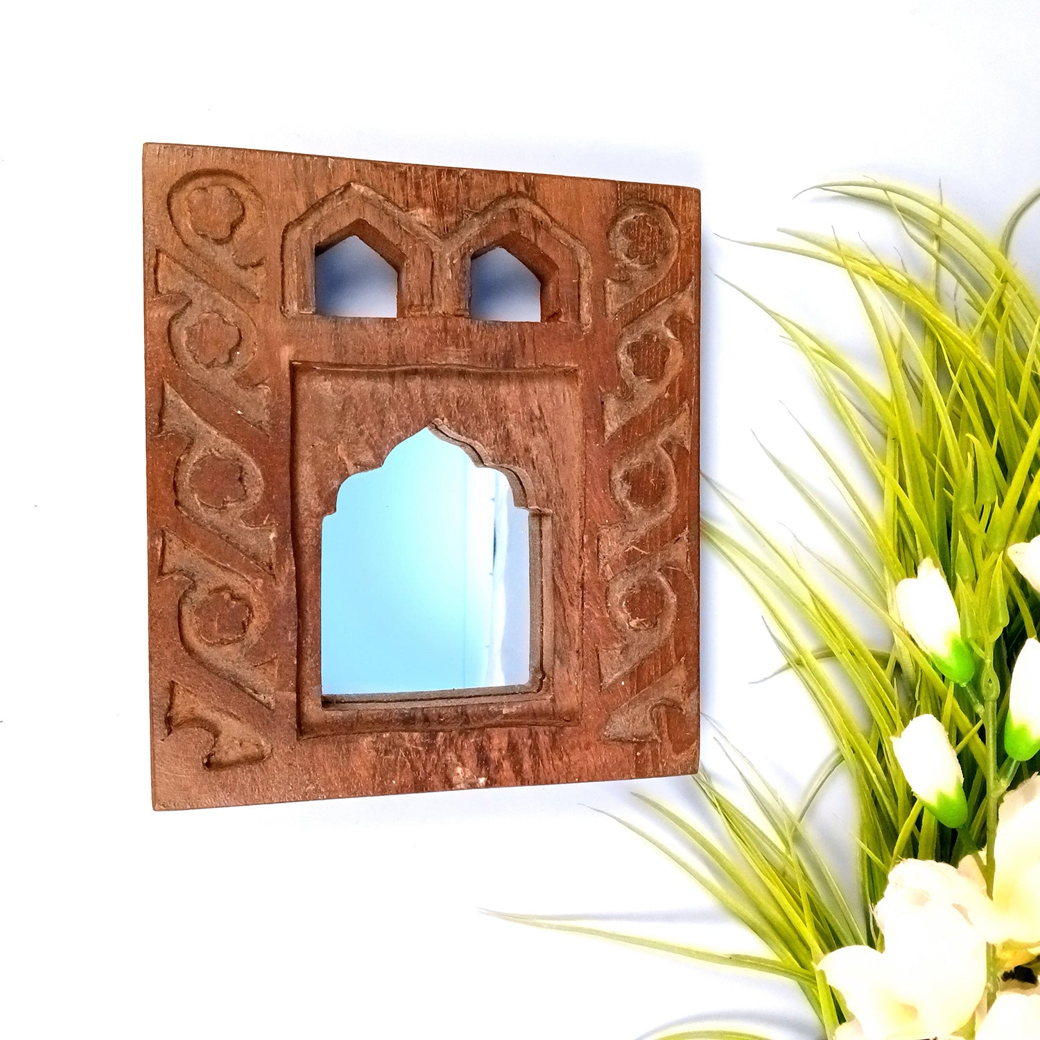 Wooden Mirror Frame | Traditional Indian Jharokha | Rustic Wall Mirror With Antique Finish - For Wall Decor, Entrance, Living Room, Home & Office Decor, & Gifts - 9 Inch - Apkamart #Style_Design 1