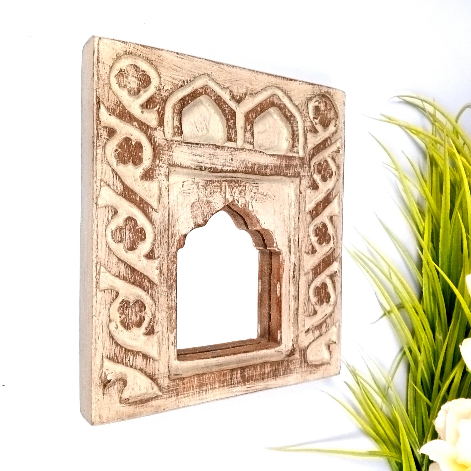 Wooden Mirror Frame | Traditional Indian Jharokha | Rustic Wall Mirror With Antique Finish - For Wall Decor, Entrance, Living Room, Home & Office Decor, & Gifts - 9 Inch - Apkamart #Style_Design 3