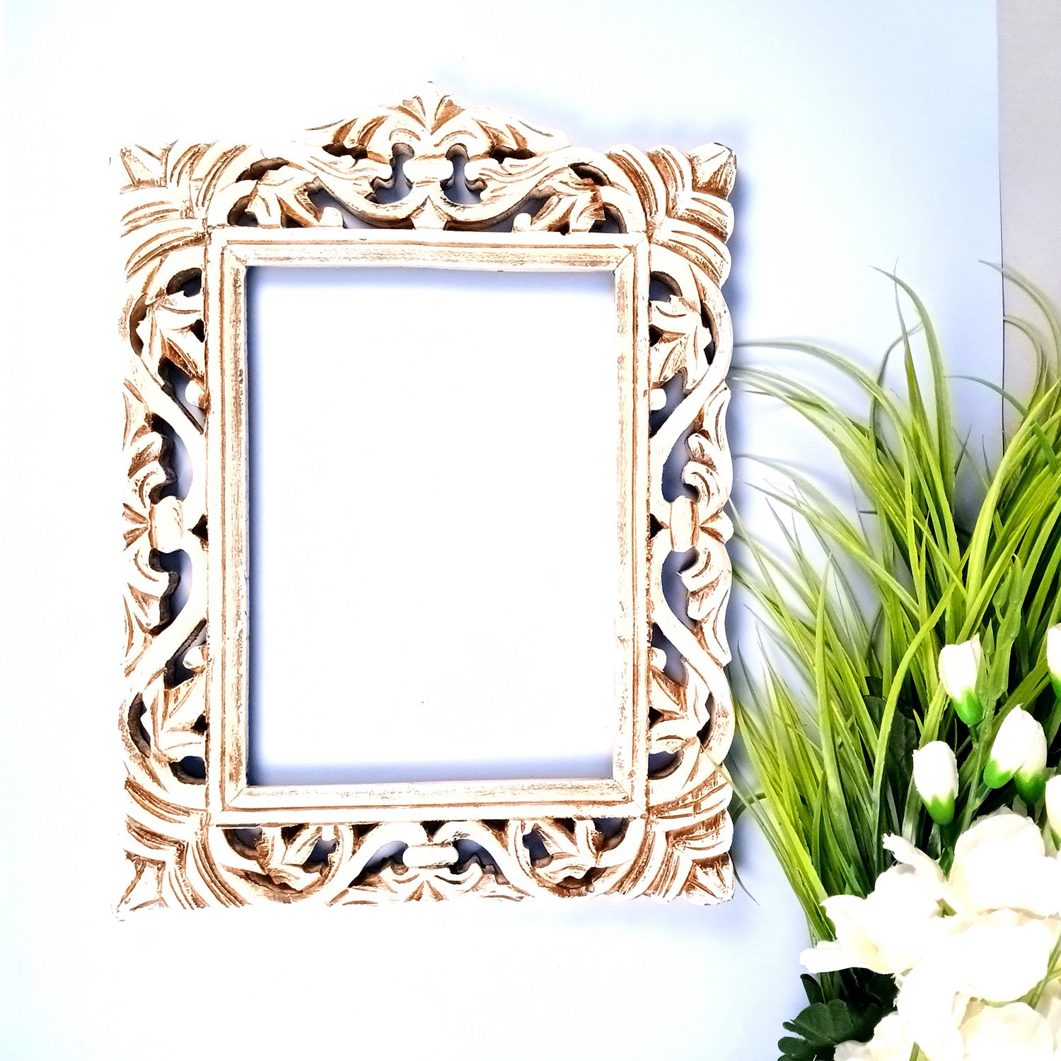 Wooden Frame With Carving | Wood Frame For Photo, Paintings & Mirror - For Home, Wall Decor, Living room, Entrance, Hotels, Resorts & Gifts - 18 Inch - Apkamart