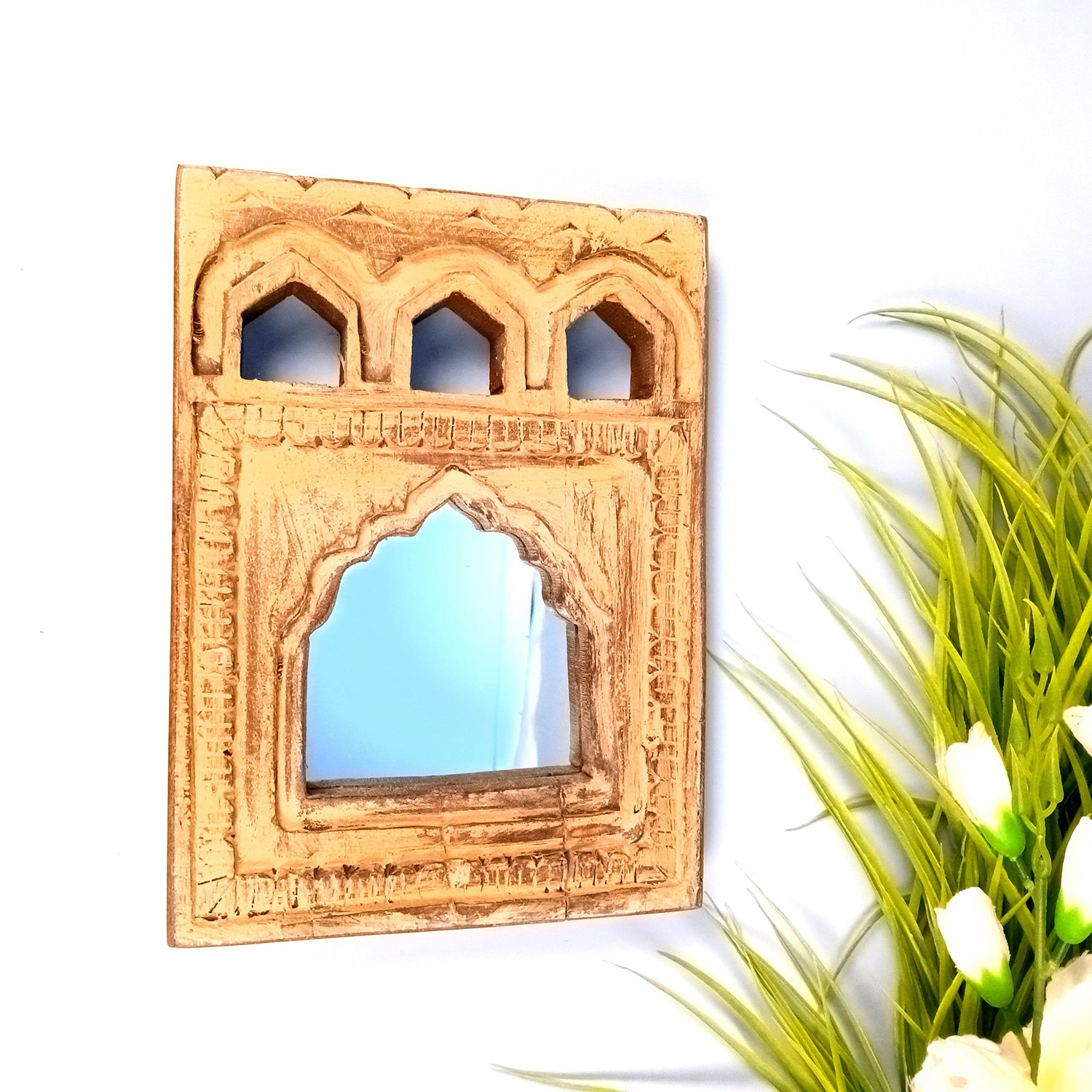 Wooden Mirror Frame | Traditional Indian Jharokha | Rustic Wall Mirror With Antique Finish - For Wall Decor, Entrance, Living Room, Home & Office Decor, & Gifts - 9 Inch - Apkamart #Style_Design 2