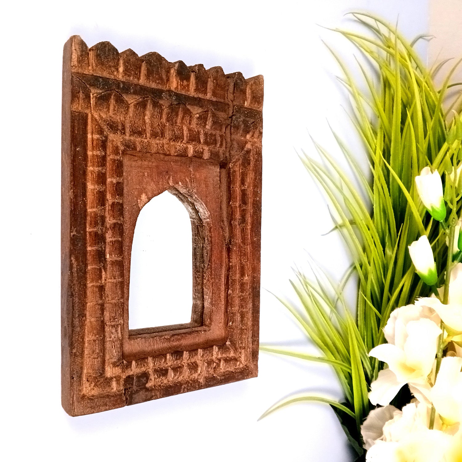 Wooden Jharokha With Mirror Wall Hanging | Antique Finished Handcrafted Replaceable Mirror Frame - Home, Wall Decor, Living room, Entrance Decor & Gifts - 9 Inch - Apkamart