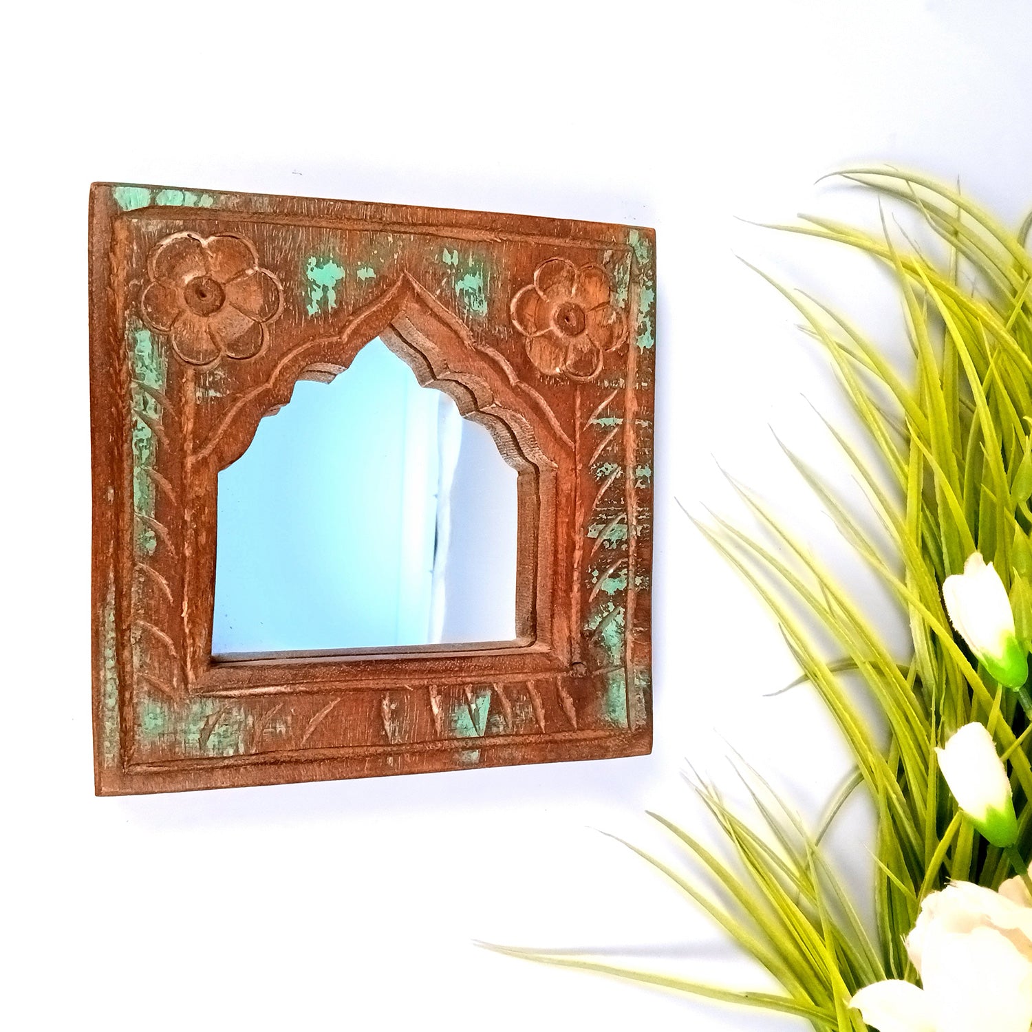 Wooden Jharokha Frame With Replaceable Mirror | Antique Finish Rustic Jharokha Carved in Solid Wood - For Wall Decor, Entrance, Living Room, Home Decor & Gifts - 7 Inch - Apkamart #Style_Design 3