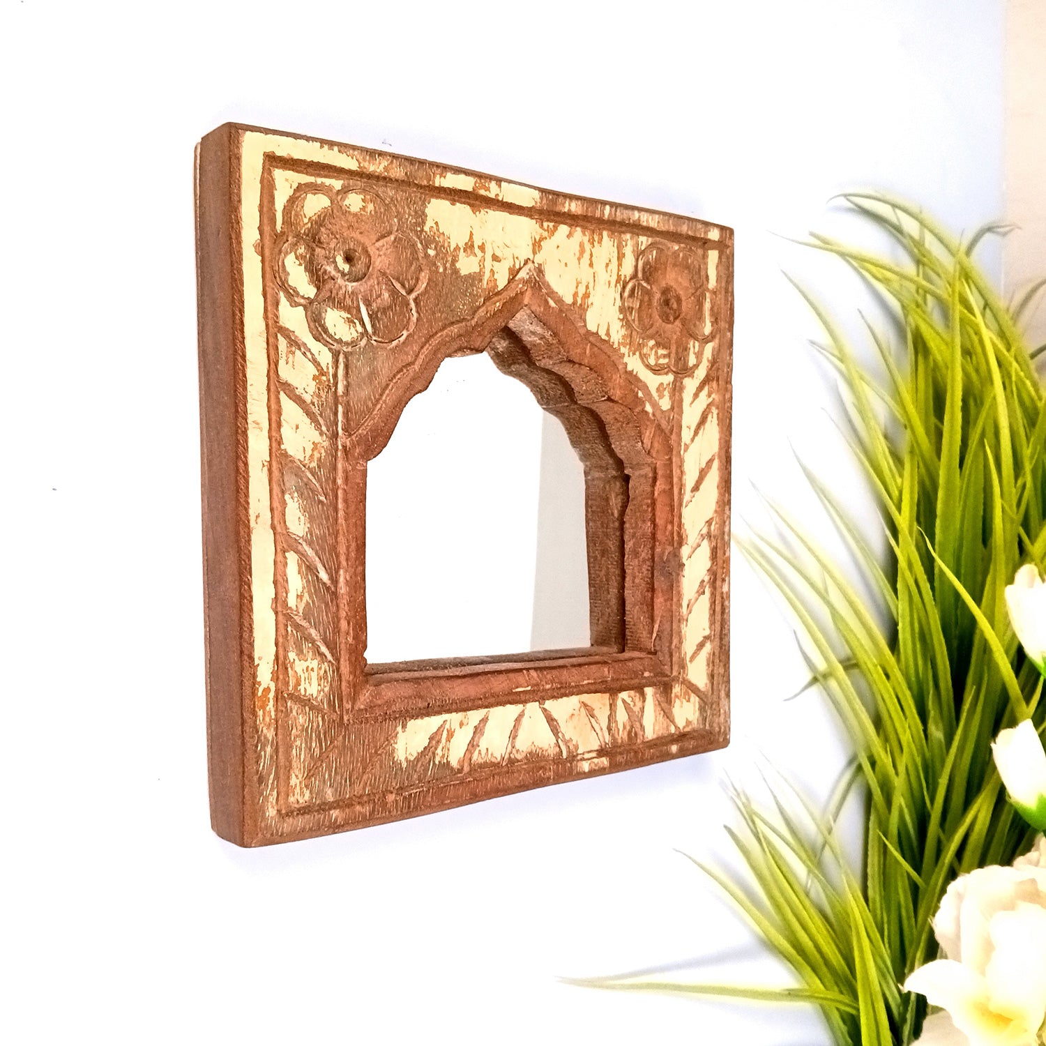 Wooden Jharokha Frame With Replaceable Mirror | Antique Finish Rustic Jharokha Carved in Solid Wood - For Wall Decor, Entrance, Living Room, Home Decor & Gifts - 7 Inch - Apkamart #Style_Design 4