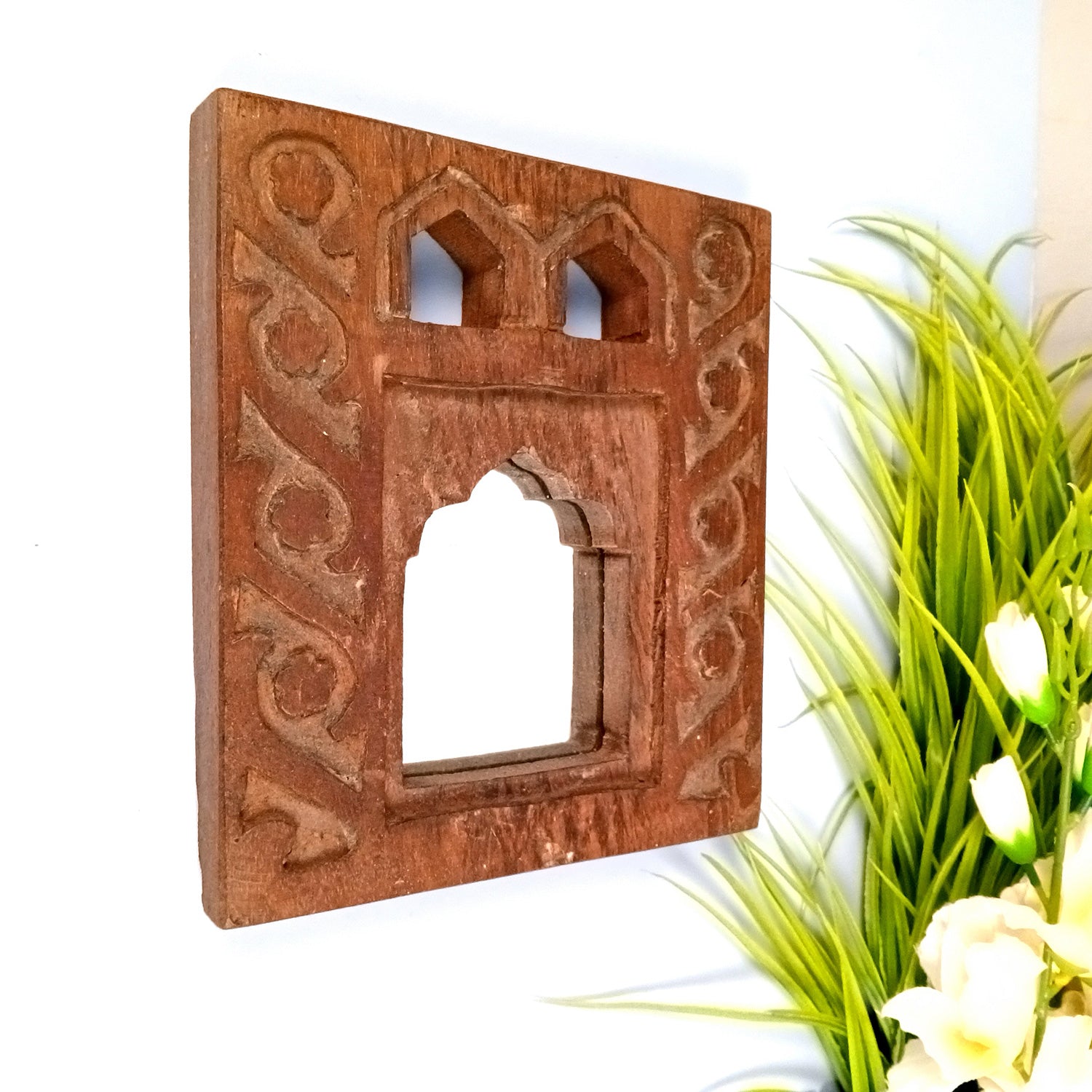 Wooden Mirror Frame | Traditional Indian Jharokha | Rustic Wall Mirror With Antique Finish - For Wall Decor, Entrance, Living Room, Home & Office Decor, & Gifts - 9 Inch - Apkamart #Style_Design 1