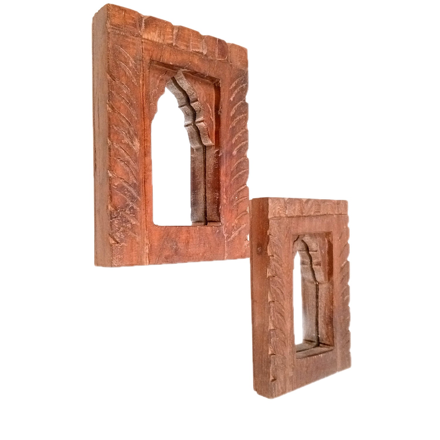 Wooden Mirror Frame | Traditional Indian Jharokha | Rustic Wall Mirror With Antique Finish - For Wall Decor, Entrance, Living Room, Home & Office Decor, & Gifts - 7 Inch - Apkamart #Style_Pack Of 2