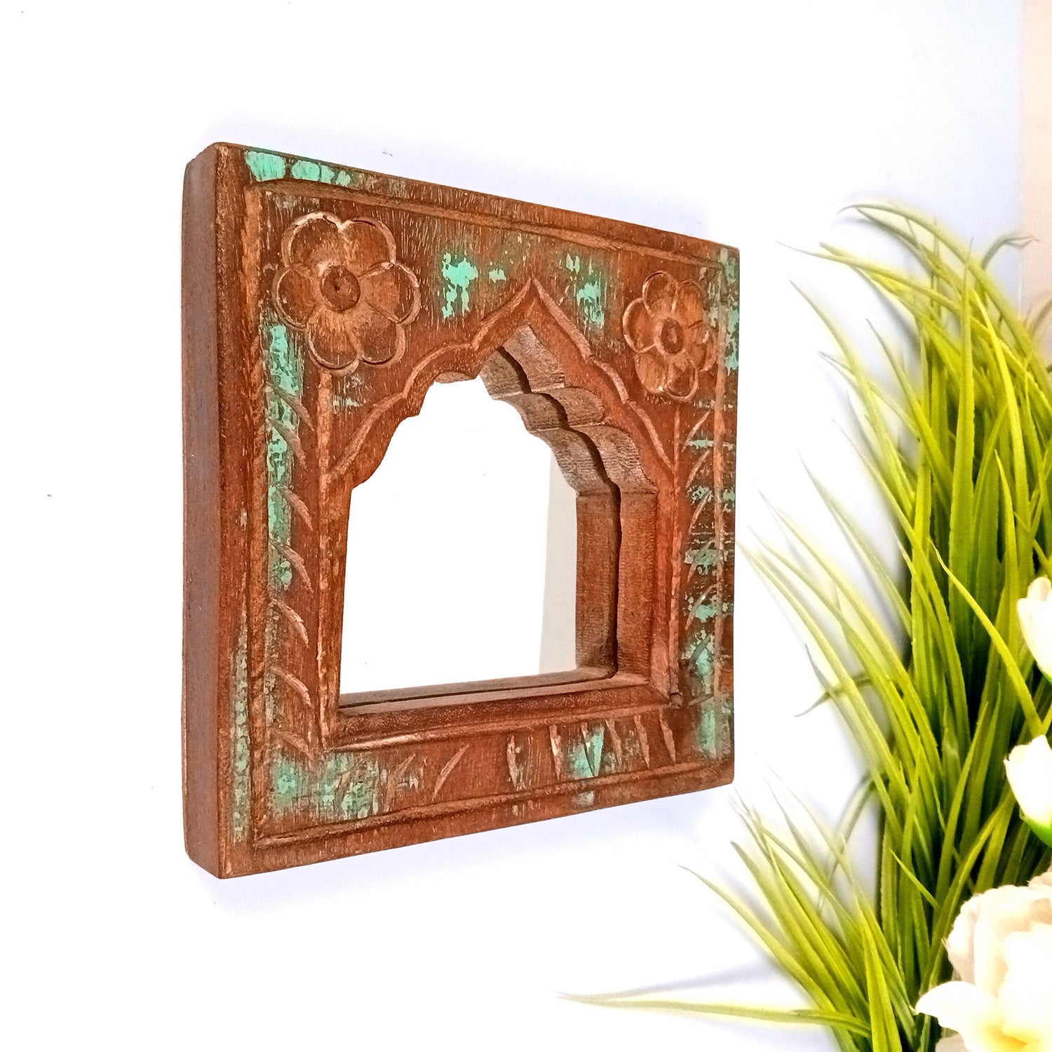 Wooden Jharokha Frame With Replaceable Mirror | Antique Finish Rustic Jharokha Carved in Solid Wood - For Wall Decor, Entrance, Living Room, Home Decor & Gifts - 7 Inch - Apkamart #Style_Design 3