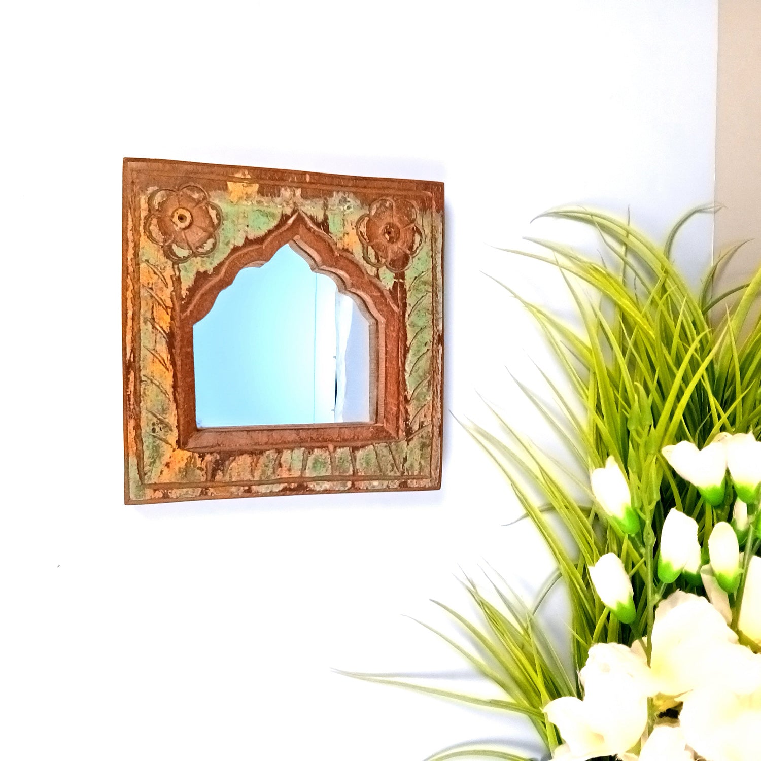 Wooden Jharokha Frame With Replaceable Mirror | Antique Finish Rustic Jharokha Carved in Solid Wood - For Wall Decor, Entrance, Living Room, Home Decor & Gifts - 7 Inch - Apkamart #Style_Design 2