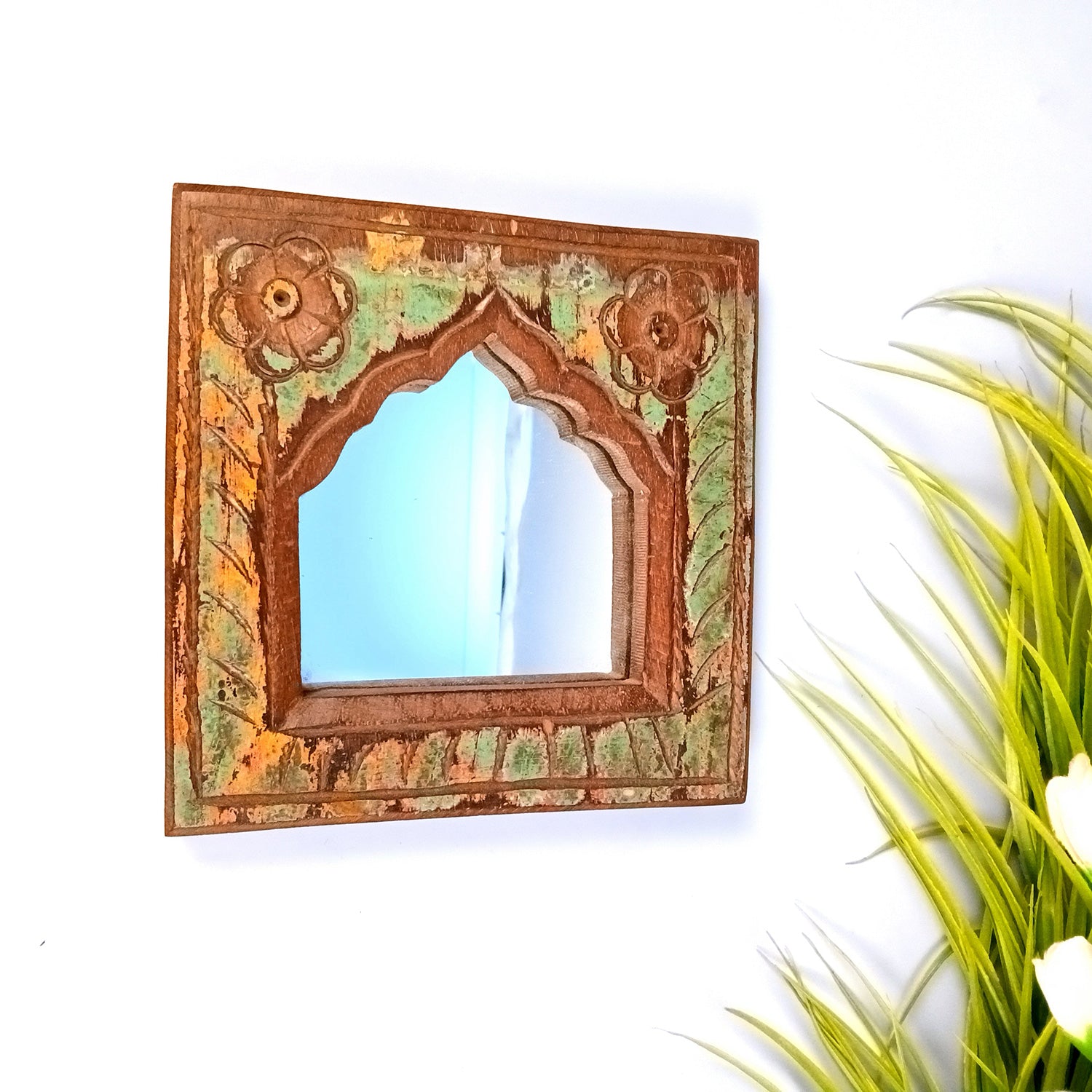 Wooden Jharokha Frame With Replaceable Mirror | Antique Finish Rustic Jharokha Carved in Solid Wood - For Wall Decor, Entrance, Living Room, Home Decor & Gifts - 7 Inch - Apkamart #Style_Design 2