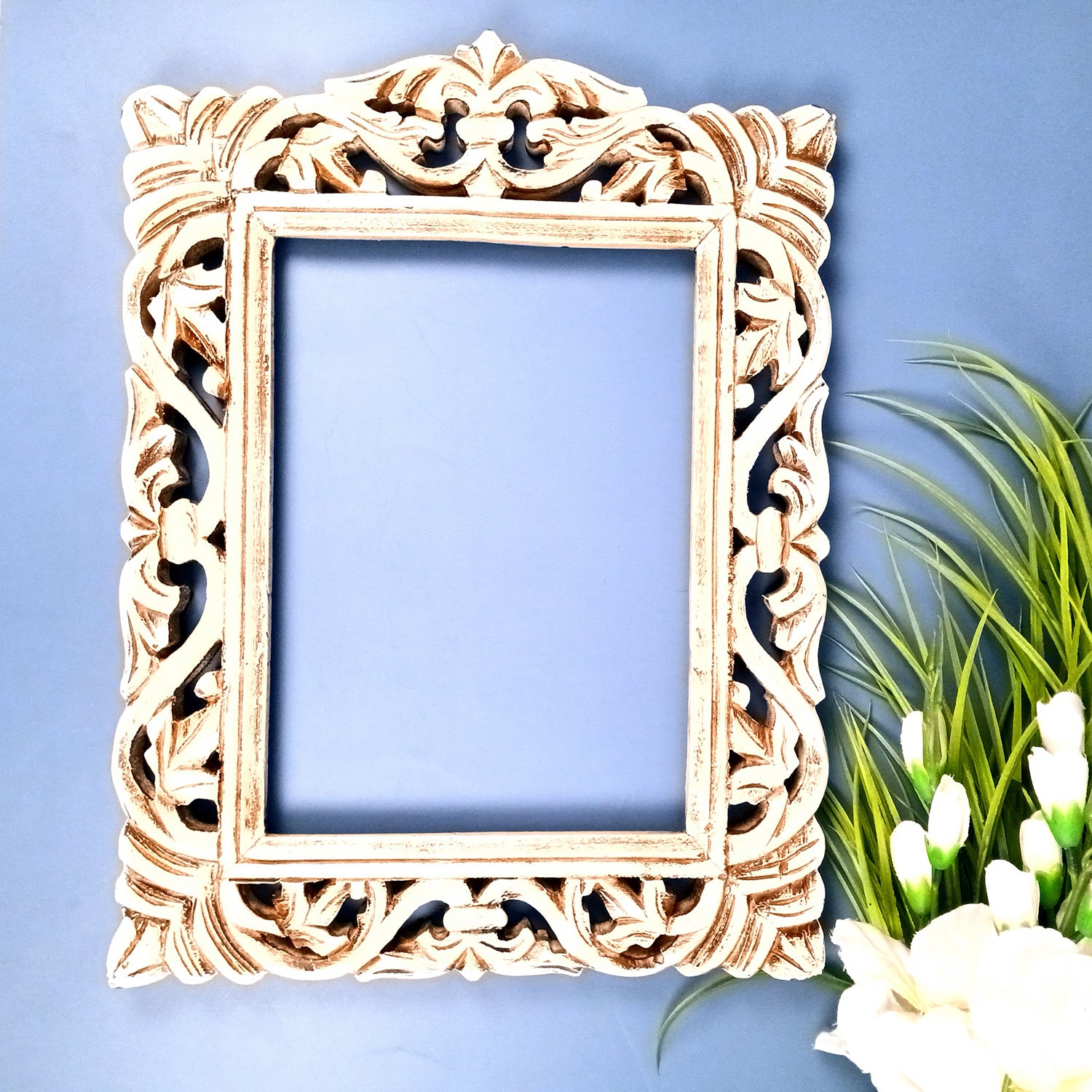 Wooden Frame With Carving | Wood Frame For Photo, Paintings & Mirror - For Home, Wall Decor, Living room, Entrance, Hotels, Resorts & Gifts - 18 Inch - Apkamart