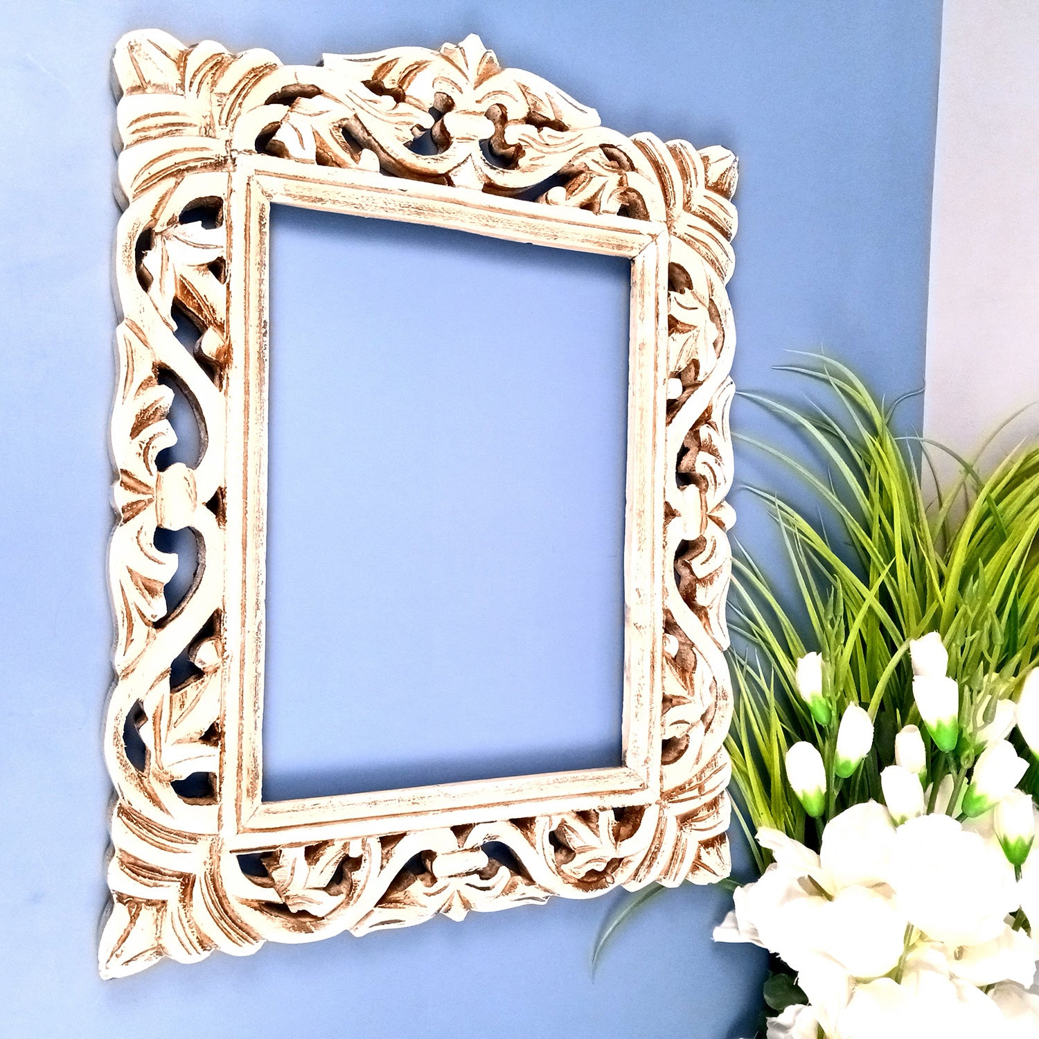 Wooden Frame With Carving | Wood Frame For Photo, Paintings & Mirror - For Home, Wall Decor, Living room, Entrance, Hotels, Resorts & Gifts - 18 Inch - Apkamart