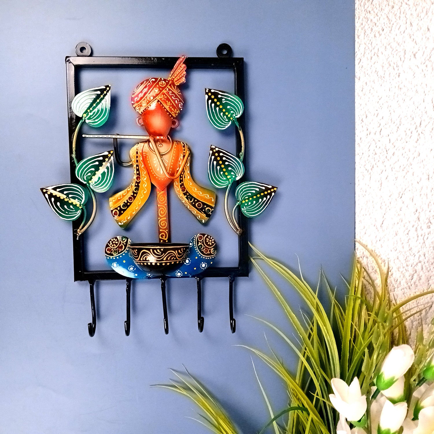 Krishna Key Holder With Candle tea Light Stand | Decorative Wall Hanging | Keys Organizer - for Home, Entrance, Office Decor & Gifts - 12 Inch - Apkamart