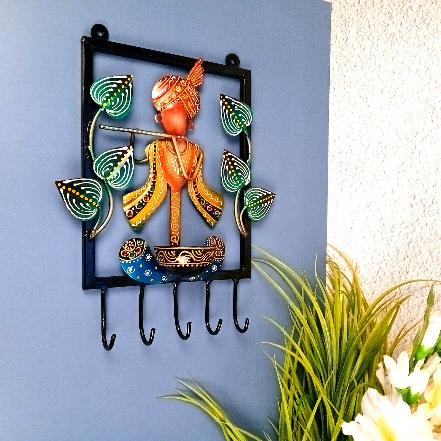 Krishna Key Holder With Candle tea Light Stand | Decorative Wall Hanging | Keys Organizer - for Home, Entrance, Office Decor & Gifts - 12 Inch - Apkamart