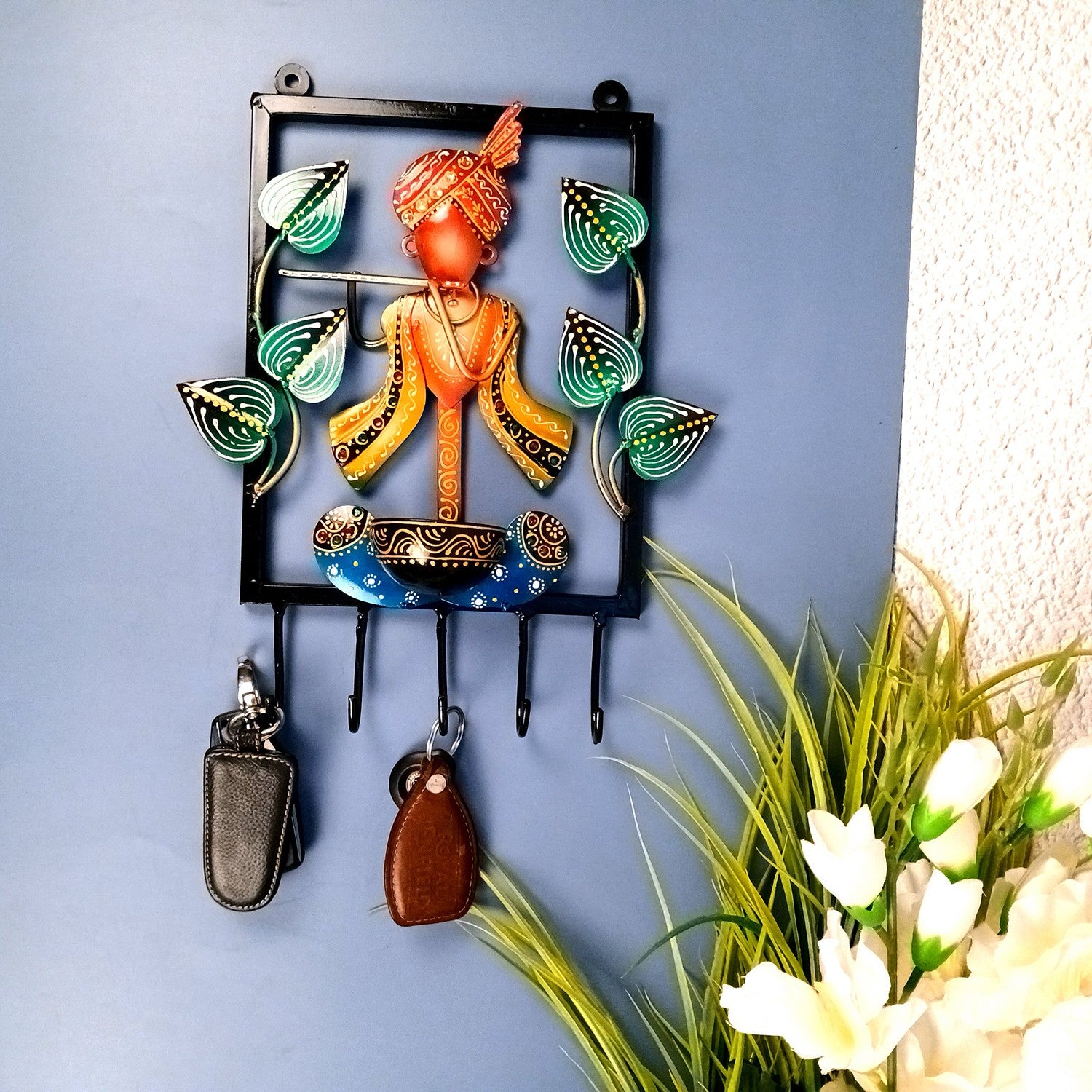 Krishna Key Holder With Candle tea Light Stand | Decorative Wall Hanging | Keys Organizer - for Home, Entrance, Office Decor & Gifts - 12 Inch - Apkamart