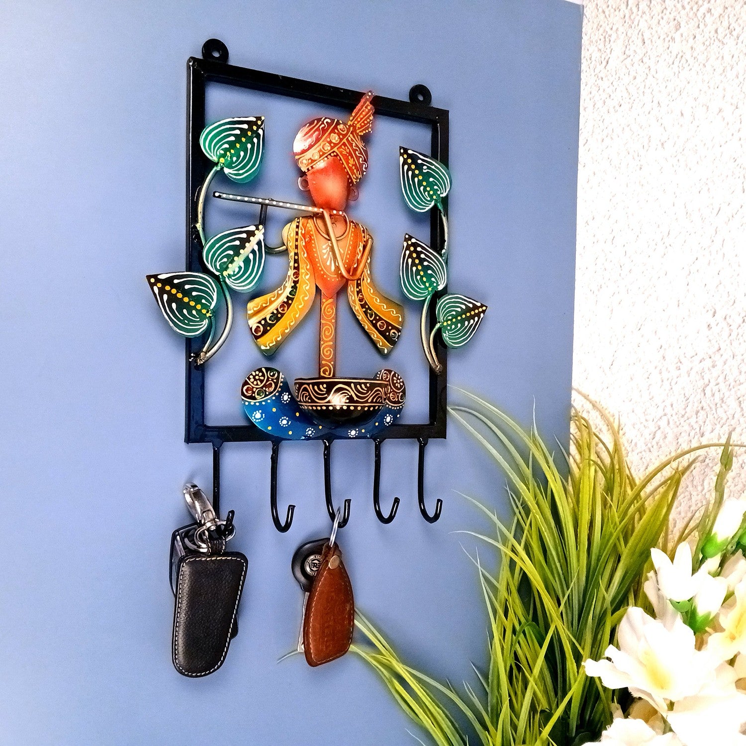 Krishna Key Holder With Candle tea Light Stand | Decorative Wall Hanging | Keys Organizer - for Home, Entrance, Office Decor & Gifts - 12 Inch - Apkamart