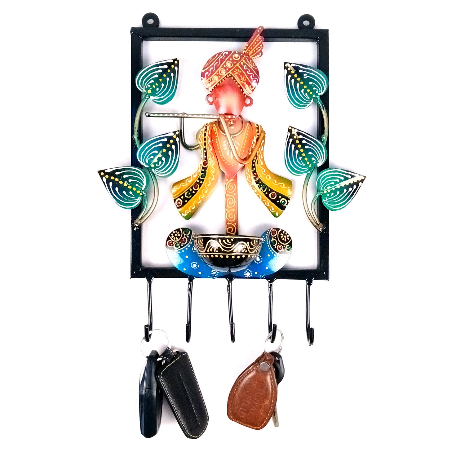 Krishna Key Holder With Candle tea Light Stand | Decorative Wall Hanging | Keys Organizer - for Home, Entrance, Office Decor & Gifts - 12 Inch - Apkamart