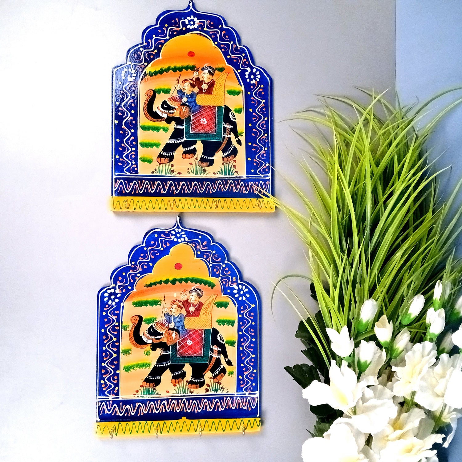 Key Hook Wall Decor | Handpainted Key Holder Stand With 4 Hooks | Key Organiser - For Home, Entrance, Office Decor & Gifts - 12 Inch (Pack of 2) - Apkamart