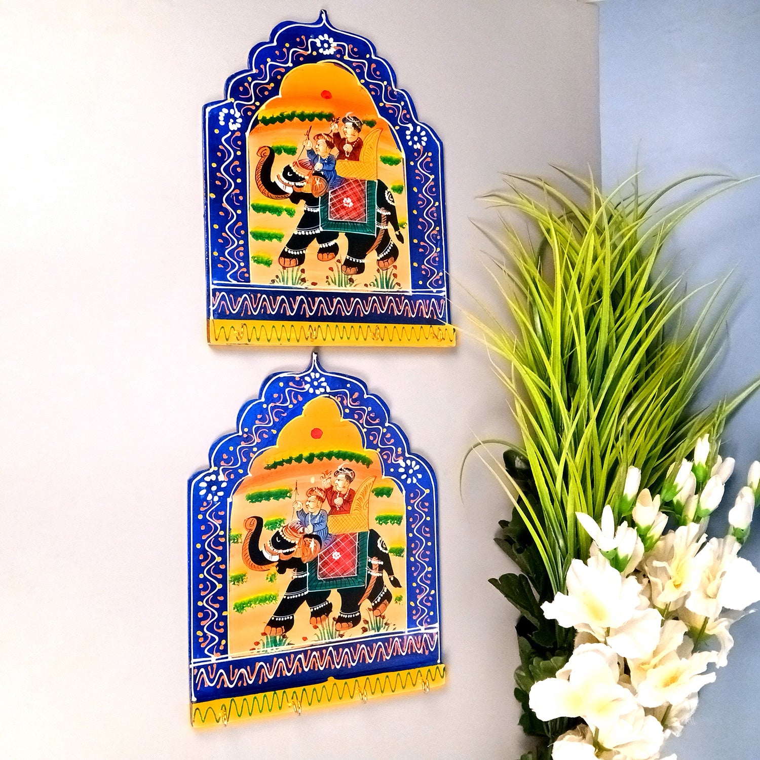 Key Hook Wall Decor | Handpainted Key Holder Stand With 4 Hooks | Key Organiser - For Home, Entrance, Office Decor & Gifts - 12 Inch (Pack of 2) - Apkamart