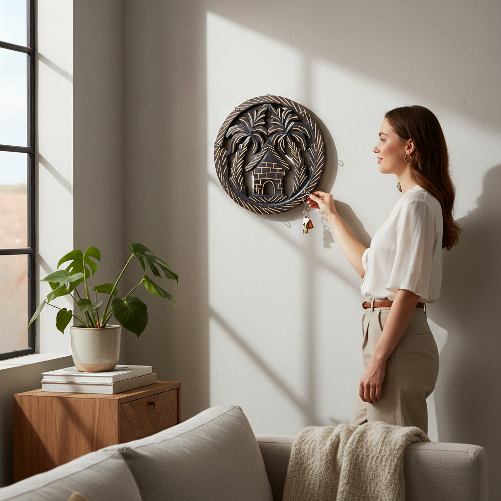 Wooden Key Holder | Wall Mounted Wooden Key Organizer for Home Entrance, Living Room & Office | Decorative Key Rack for Door & Wall Decor - 11 Inch (7 Hooks) - Apkamart