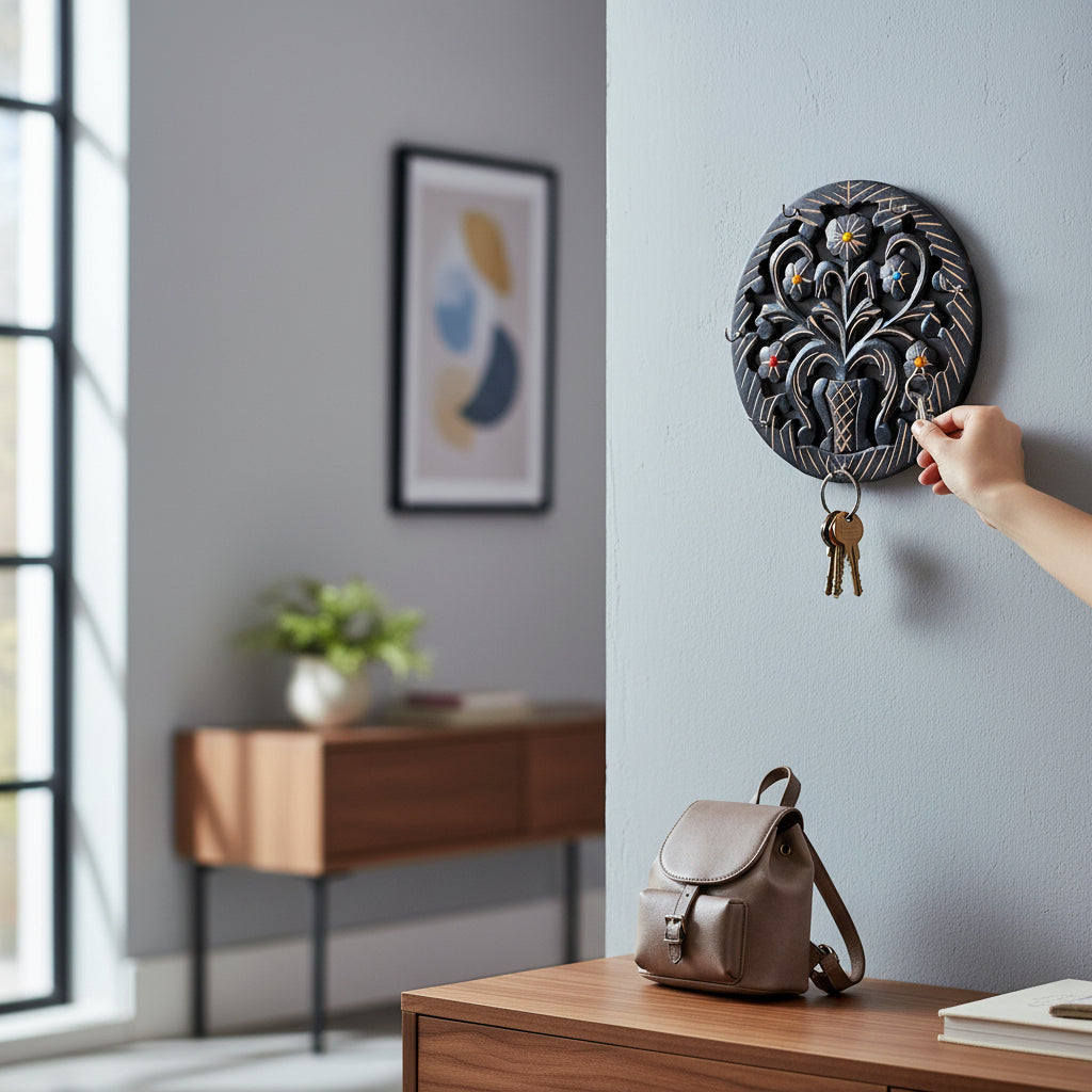 Wooden Key Holder | Wall Mounted Wooden Key Organizer for Home Entrance, Living Room & Office | Decorative Key Rack for Door & Wall Decor - 11 Inch (7 Hooks) - Apkamart