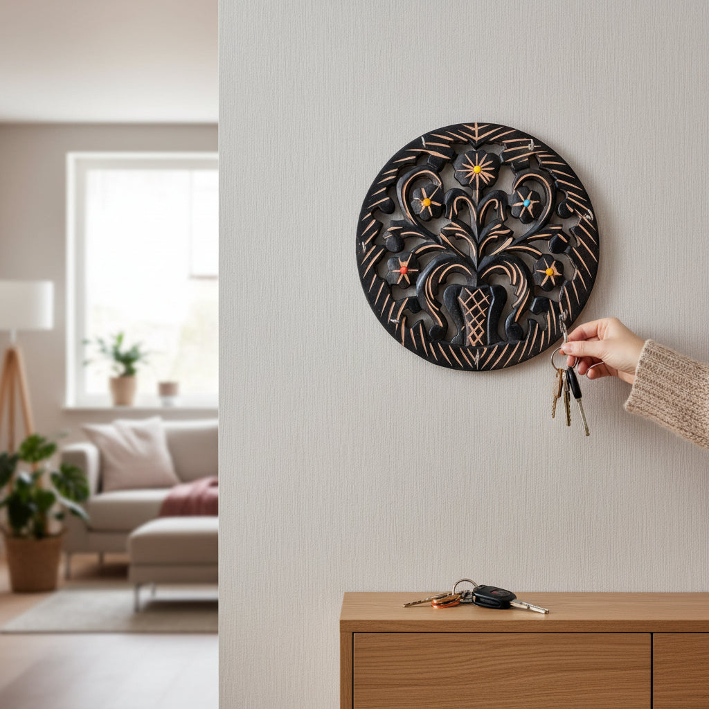 Wooden Key Holder | Wall Mounted Wooden Key Organizer for Home Entrance, Living Room & Office | Decorative Key Rack for Door & Wall Decor - 11 Inch (7 Hooks) - Apkamart