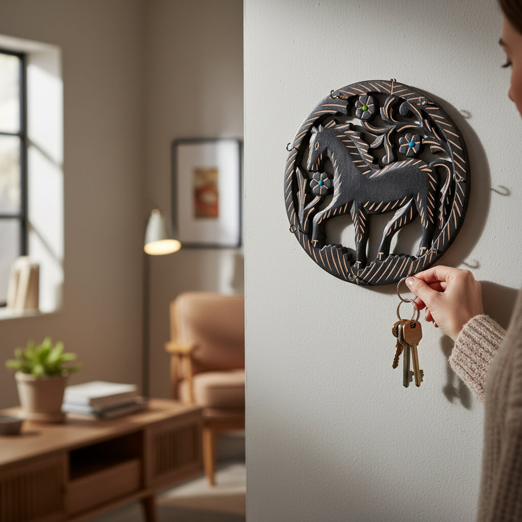 Wooden Key Holder | Wall Mounted Wooden Key Organizer for Home Entrance, Living Room & Office | Decorative Key Rack for Door & Wall Decor - 11 Inch (7 Hooks) - Apkamart