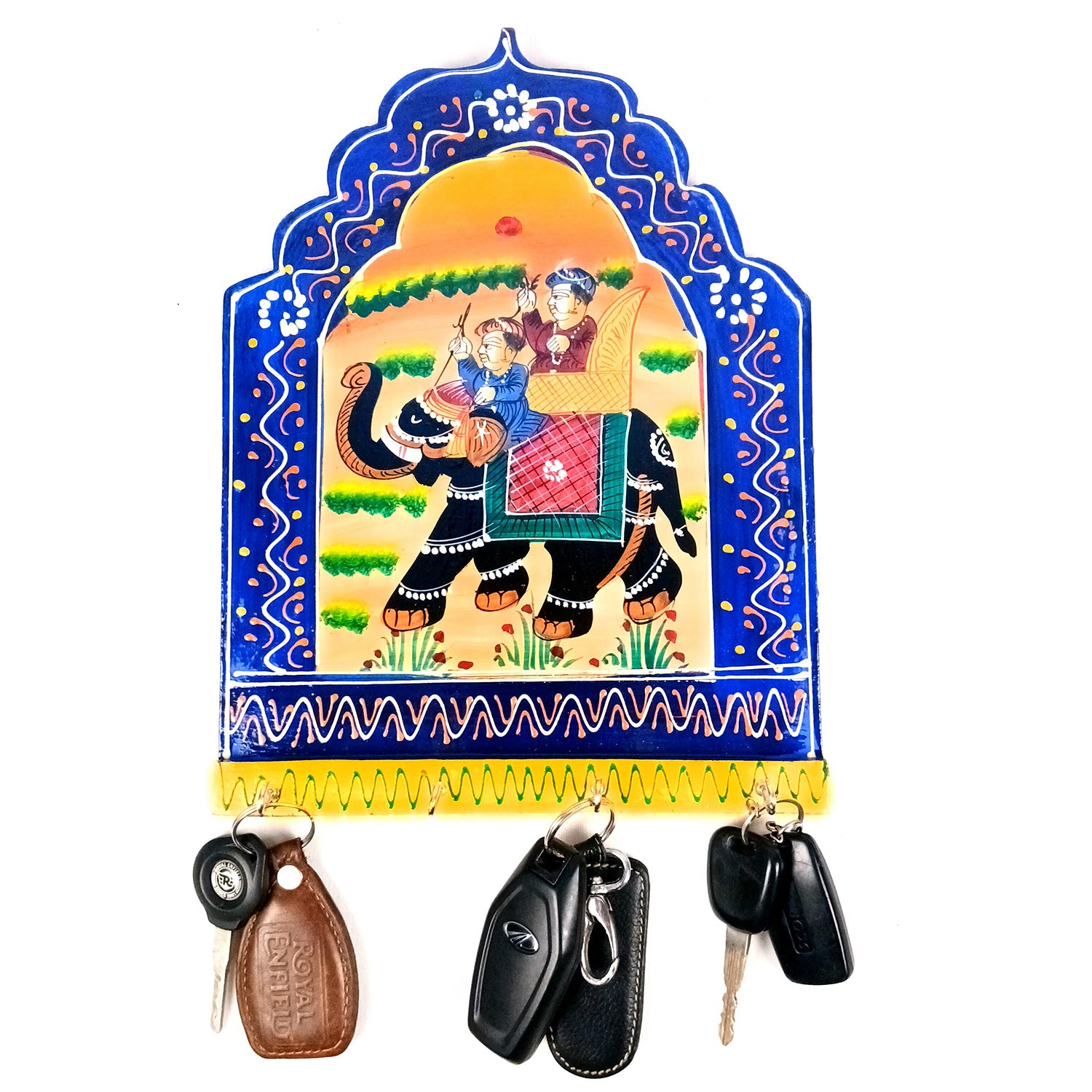 Key Hook Wall Decor | Handpainted Key Holder Stand With 4 Hooks | Key Organiser - For Home, Entrance, Office Decor & Gifts - 12 Inch (Wood, Blue) - Apkamart